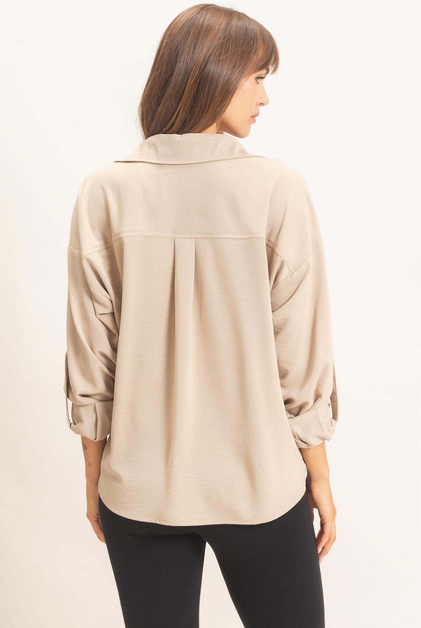 Wholesale Button-Up Dolman Sleeve Top Shirts HF26F070 BEIGE HYFVE