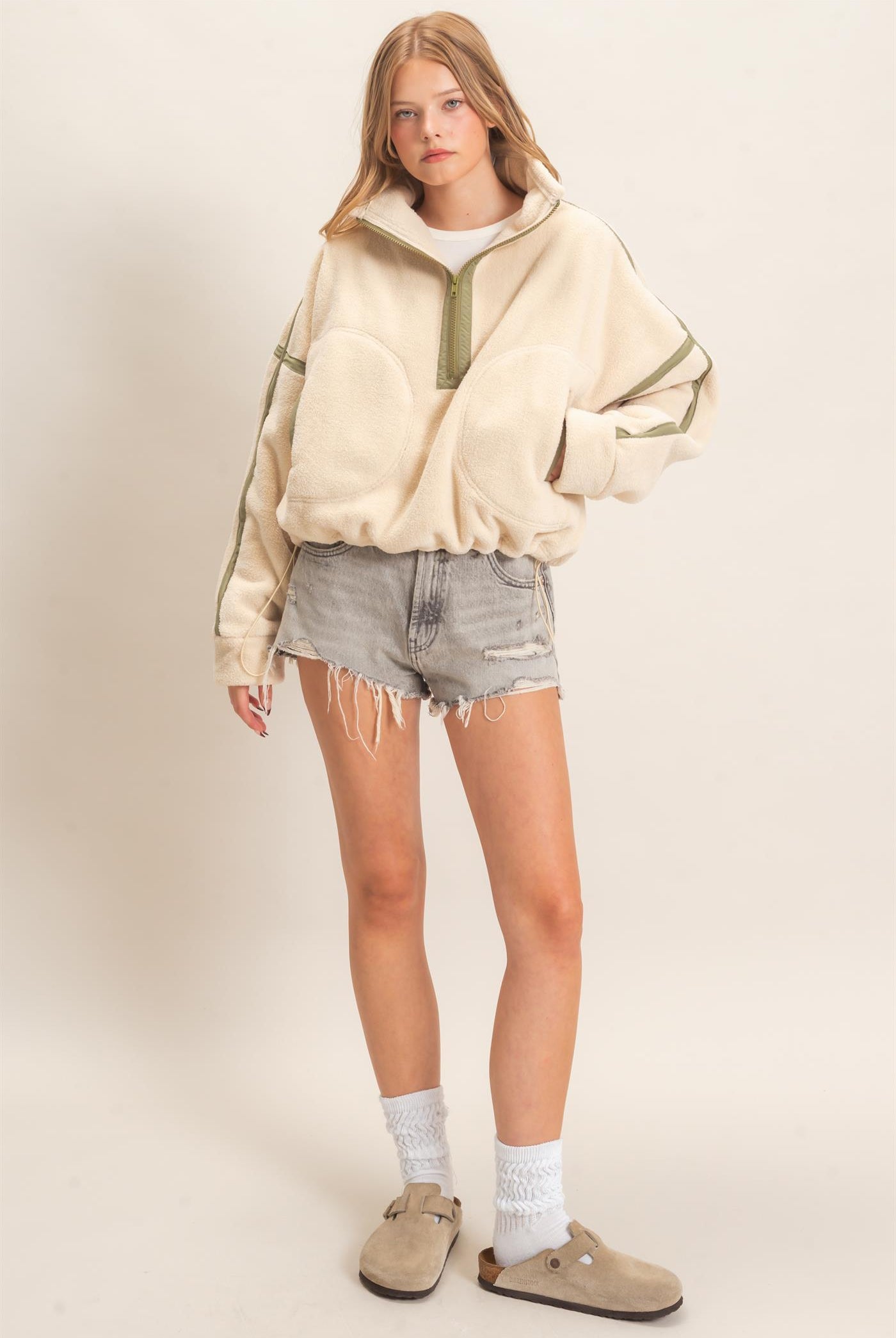 Wholesale Contrast Trim Half-Zip Fleece Pullover Outerwear HF26F206-D LIGHT BEIGE HYFVE
