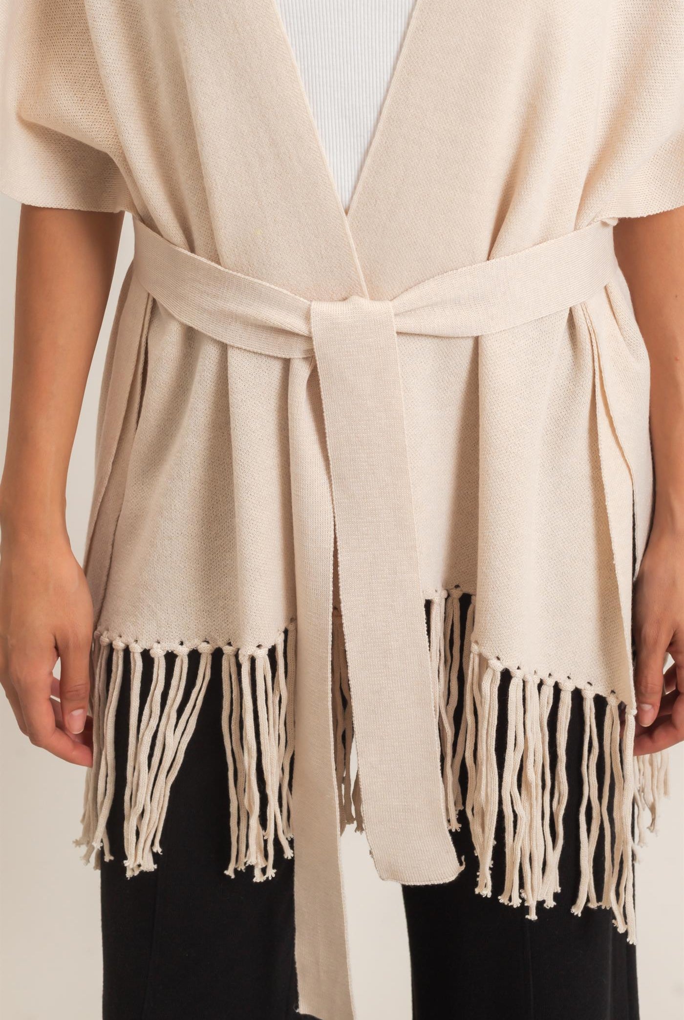 Wholesale Fringe Hem Kimono Sweater Kimonos HF26E041 OATMEAL HYFVE