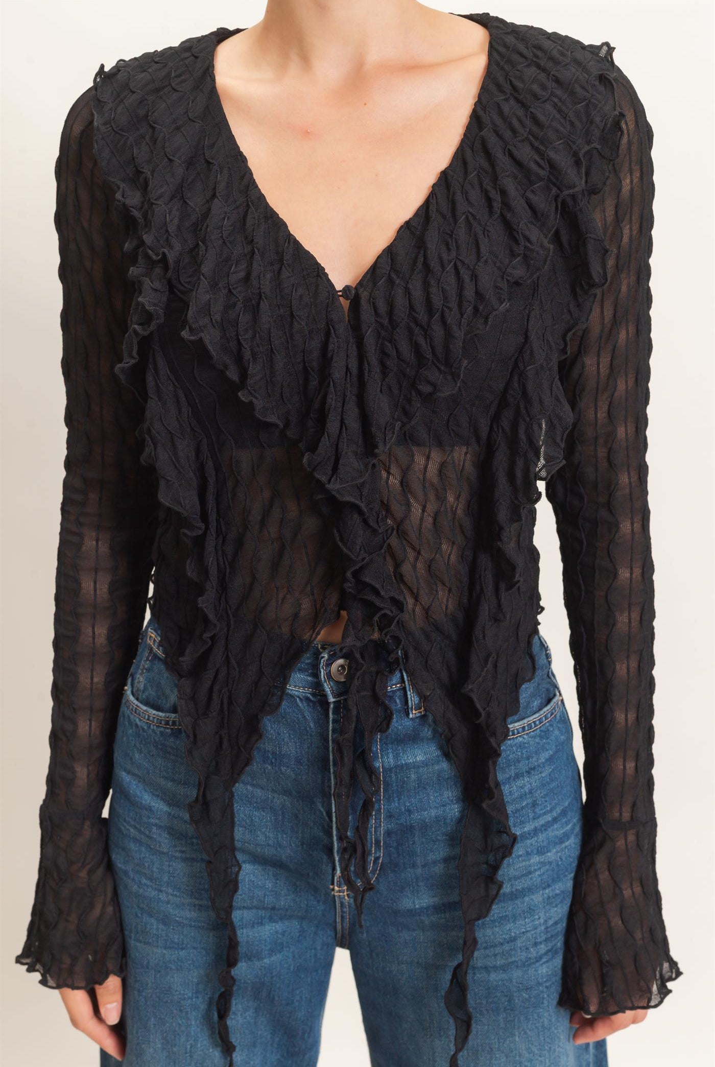 Wholesale Textured V-Neck Tie Front Top Blouses HF26F072 BLACK HYFVE