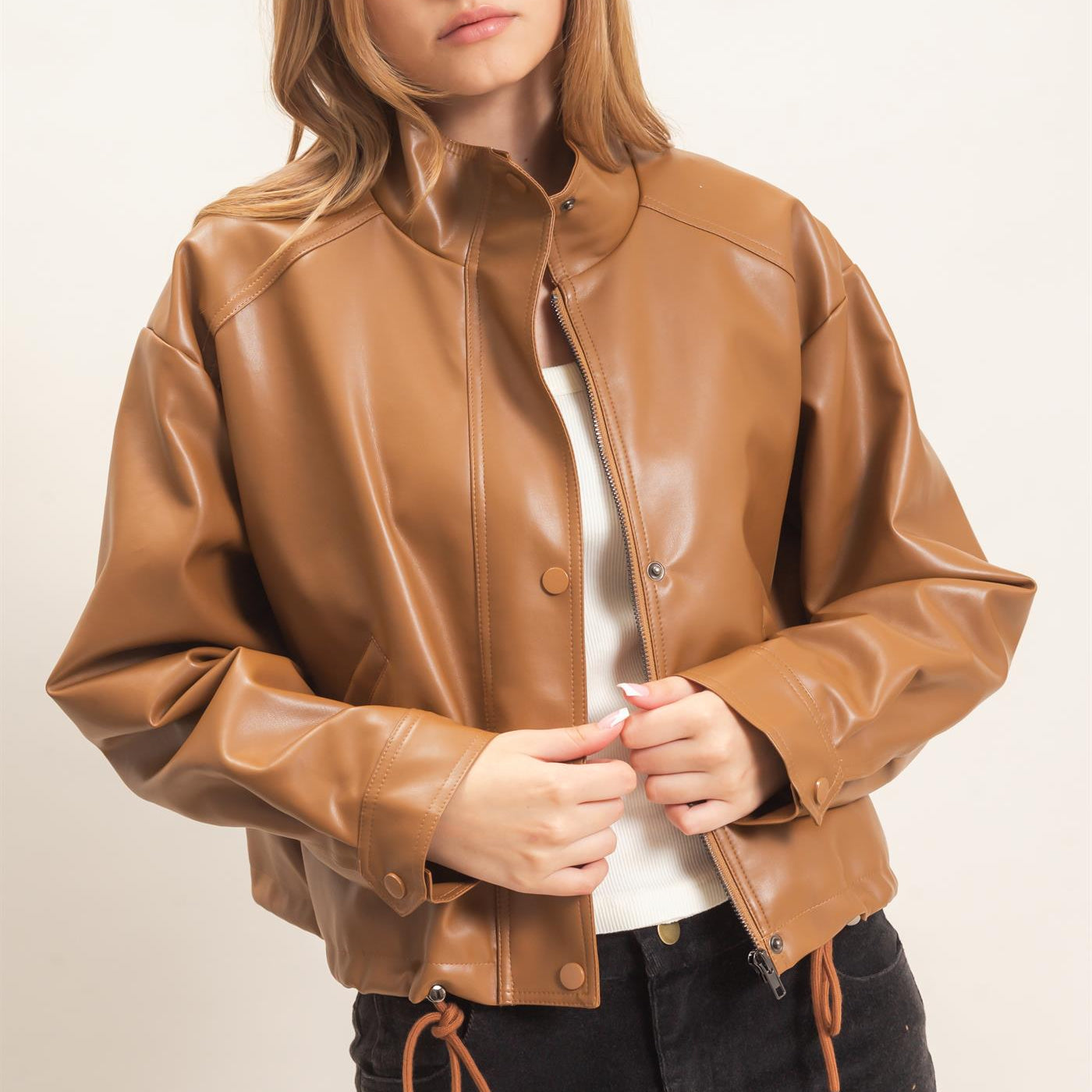 Wholesale Faux Leather Jacket With Stand Collar Bomber Jackets HF25F452 BROWN HYFVE