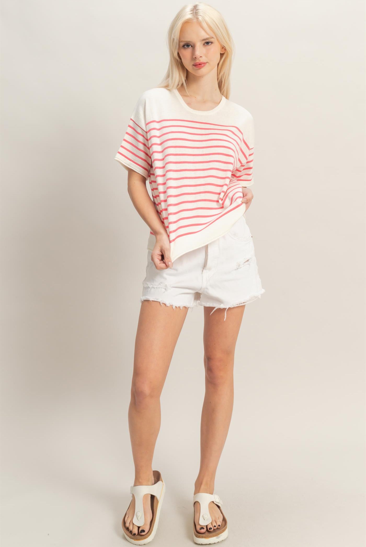 Wholesale Striped Short Sleeve Knit Top Clothing Tops DZ26A838 PINK DOUBLE ZERO