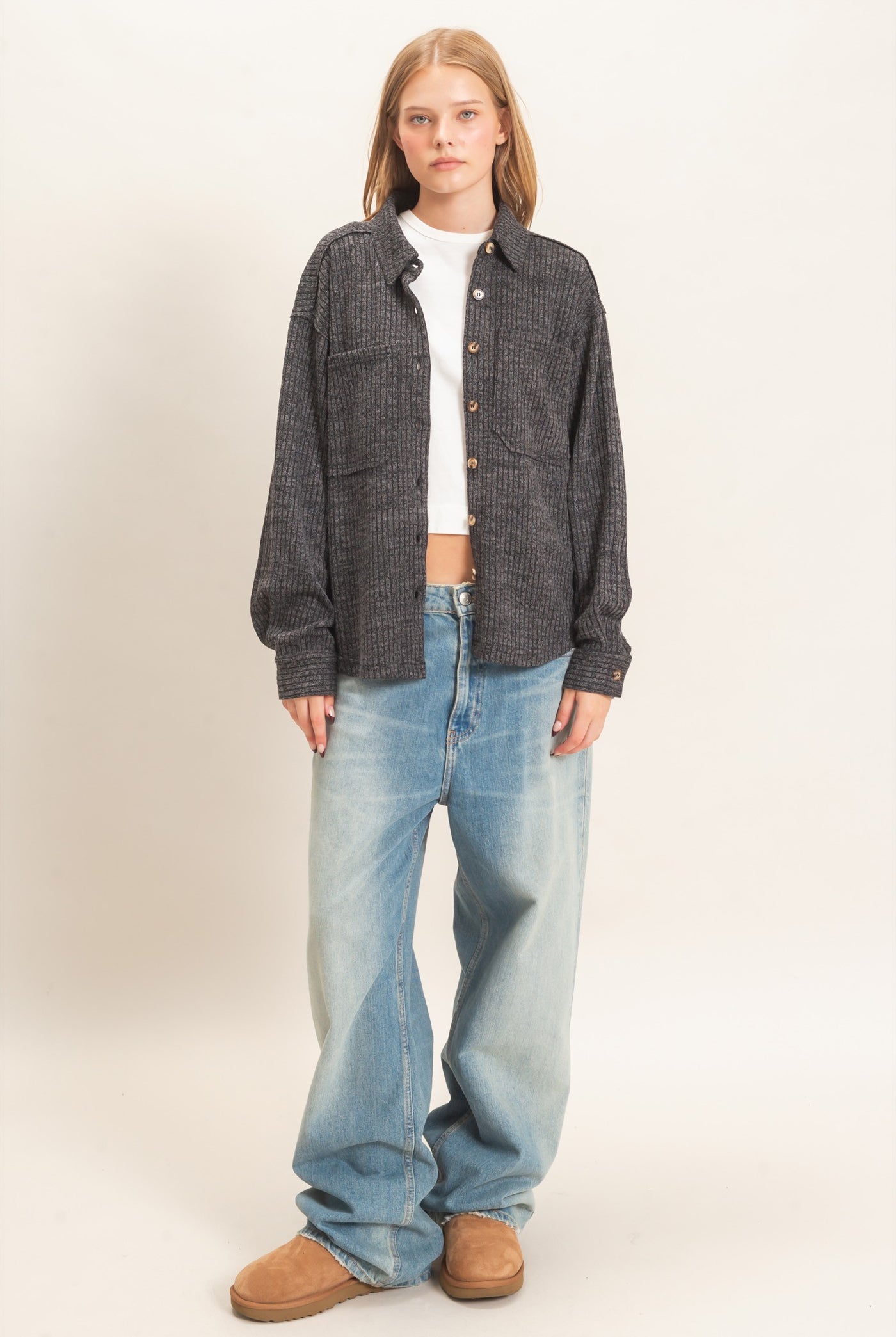 Wholesale Corduroy Button-Up Shirt Shirts HF26F138 BLACK HYFVE