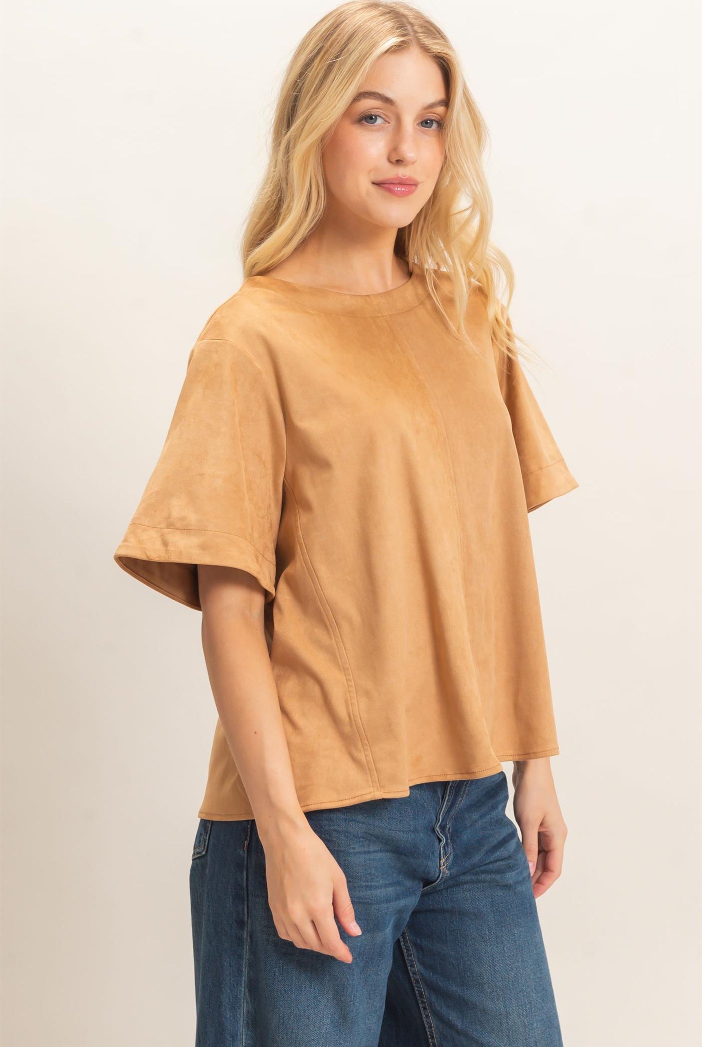 Wholesale Suede Boat Neck Top Clothing Tops HF26E351 CAMEL HYFVE