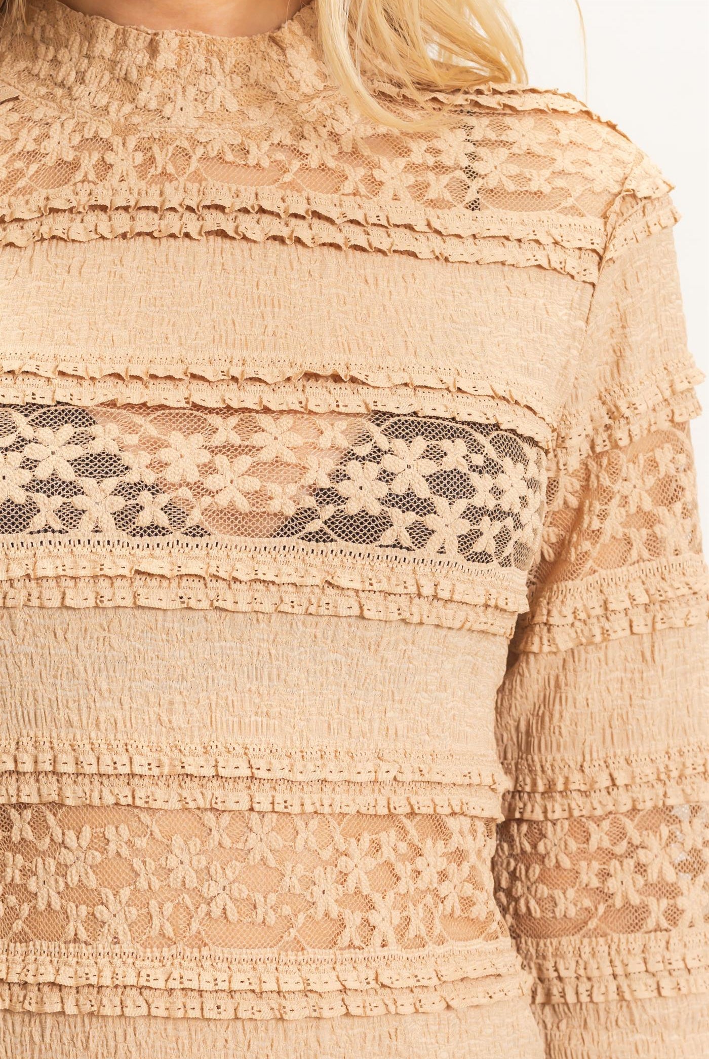 Wholesale Textured Lace High Neck Top Clothing Tops HF26C769 LIGHT BROWN HYFVE