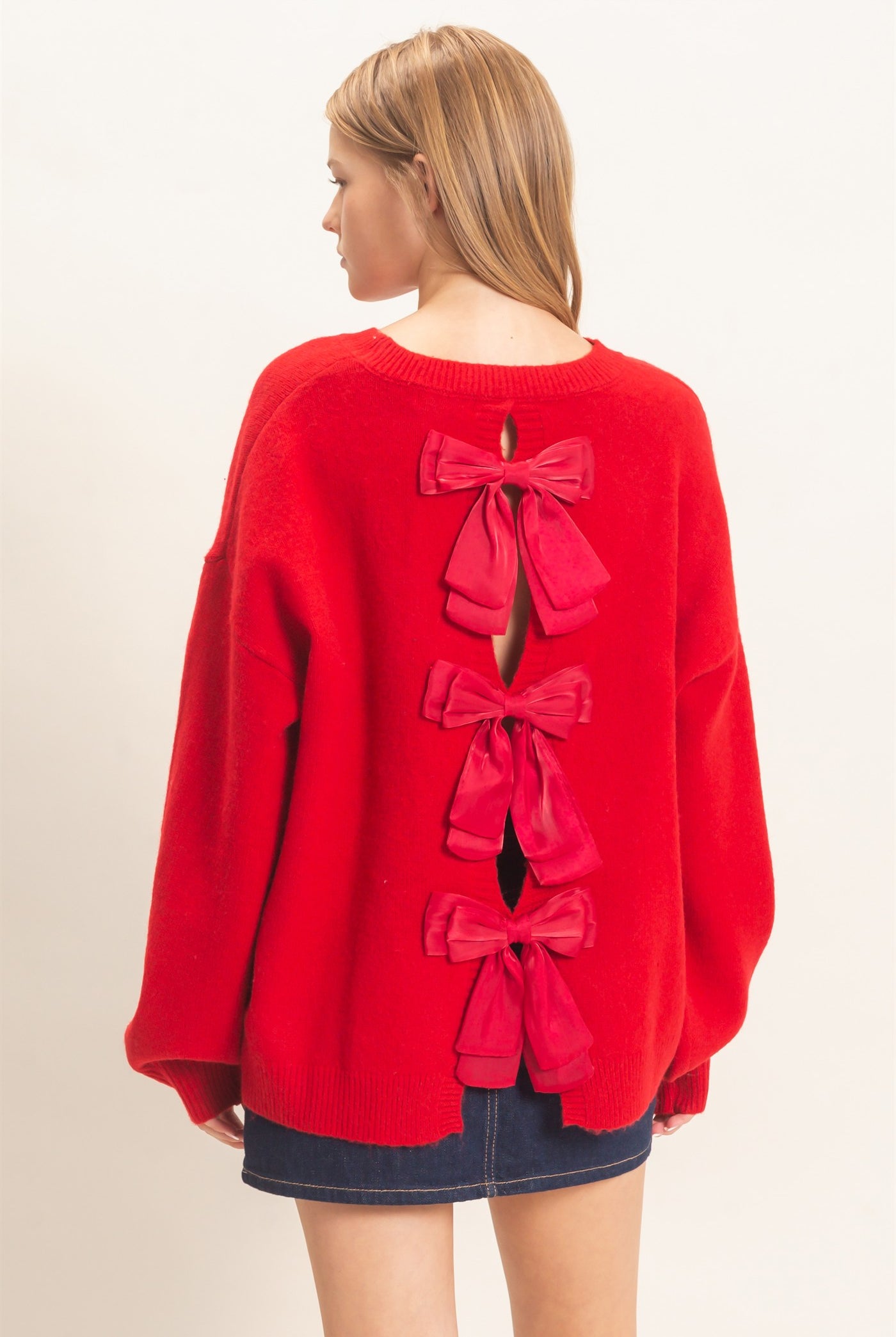 Wholesale Open Back Sweater With Organza Bows Sweaters HF26F149 RED HYFVE