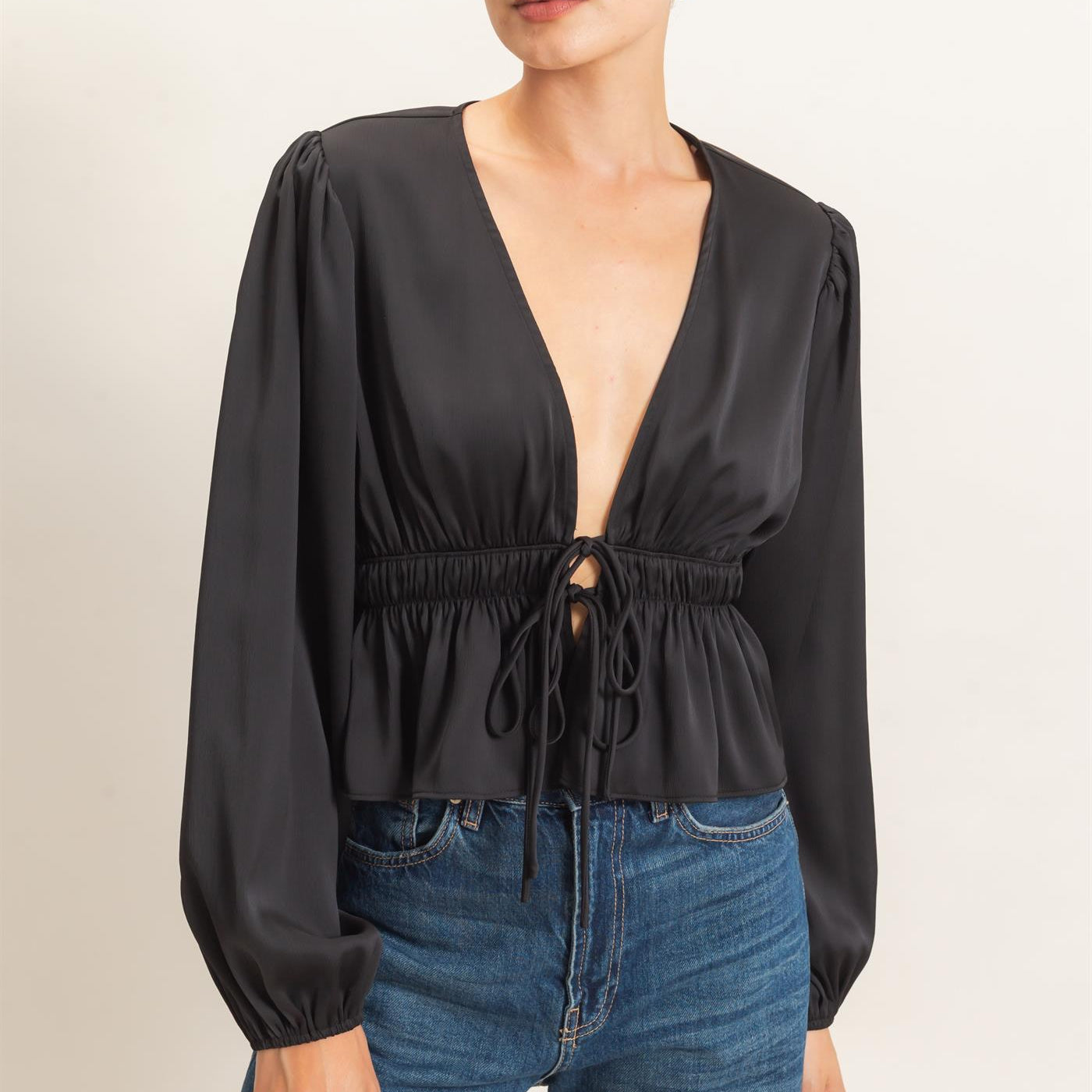 Wholesale Plunging Tie-Front Blouse Blouses HF26F082 BLACK HYFVE