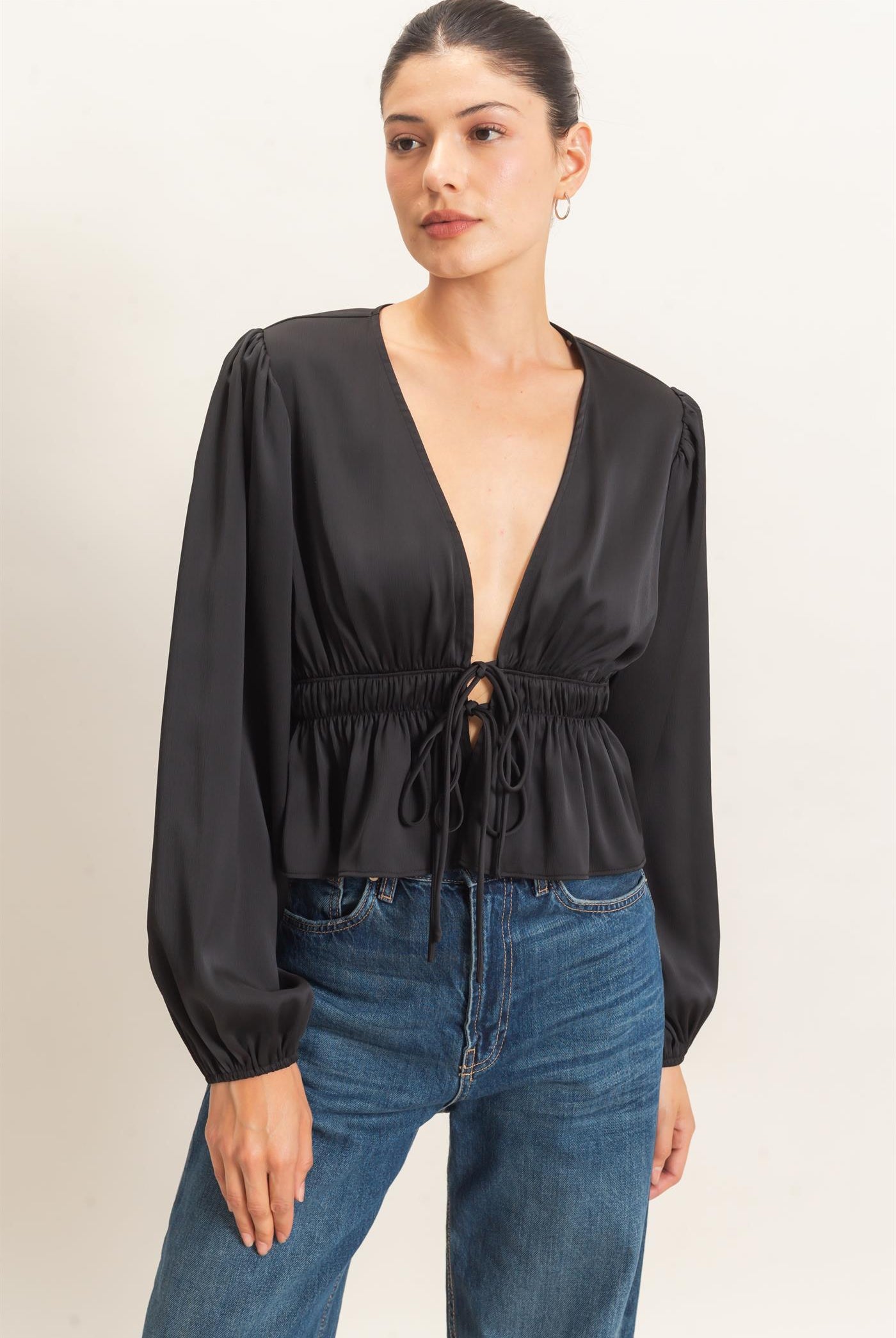 Wholesale Plunging Tie-Front Blouse Blouses HF26F082 BLACK HYFVE