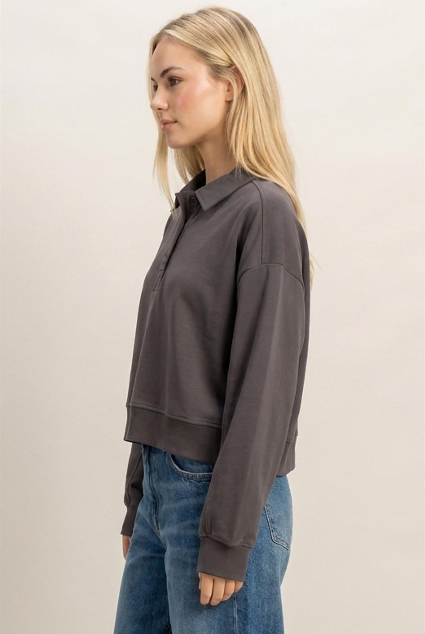Wholesale Washed Button-Front Collared Sweatshirt Sweatshirts DZ26E390 CHARCOAL DOUBLE ZERO