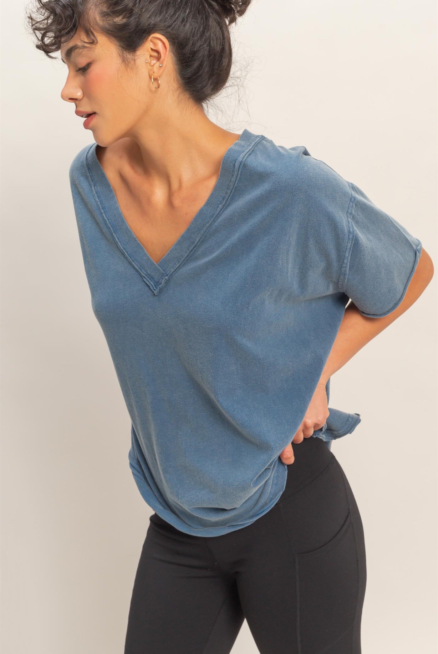 Wholesale Washed V-Neck Oversized Tee Clothing Tops DZ26A760 NAVY DOUBLE ZERO