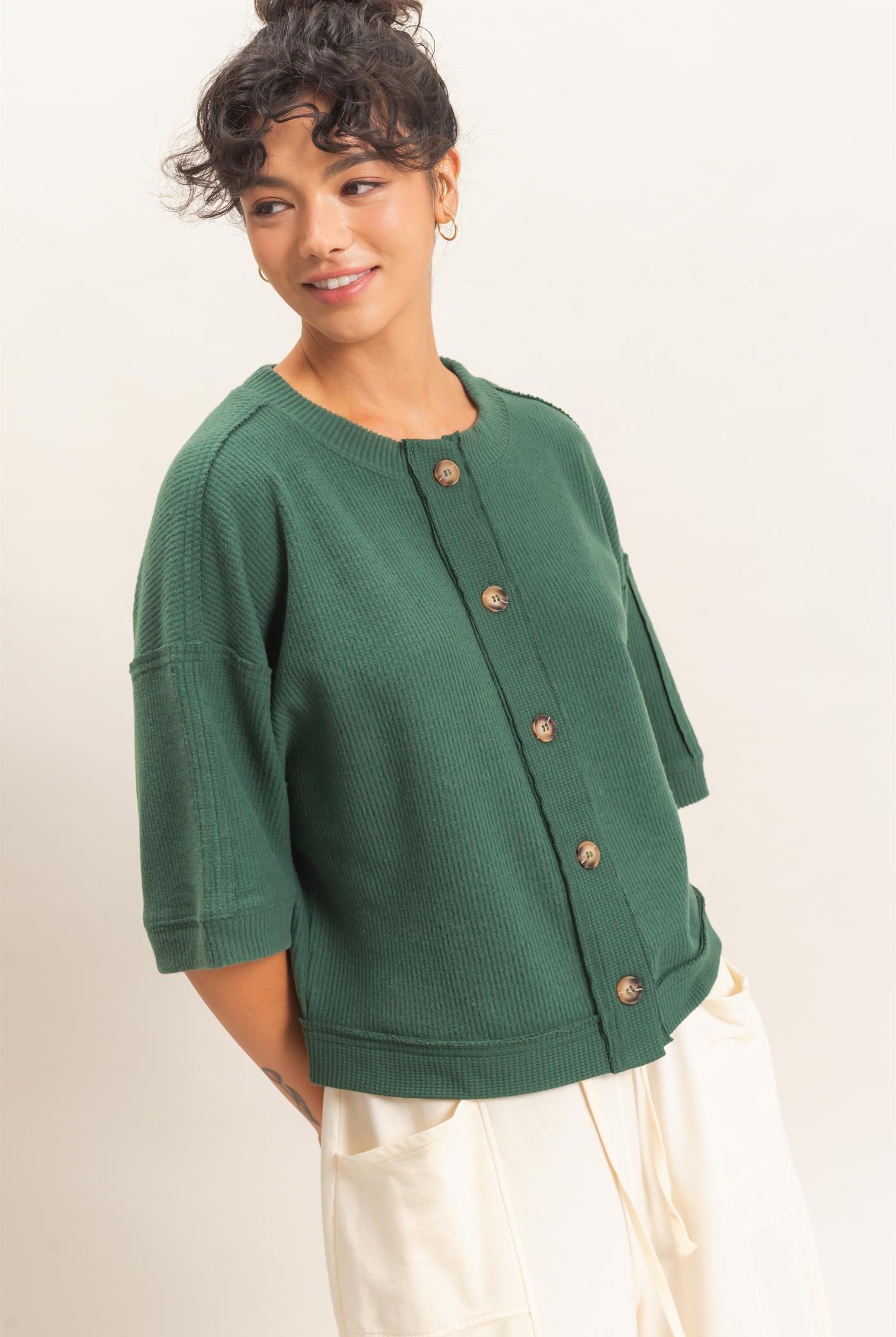 Wholesale Button-Down Short Sleeve Waffle Top Clothing Tops DZ26F244 DARK GREEN DOUBLE ZERO