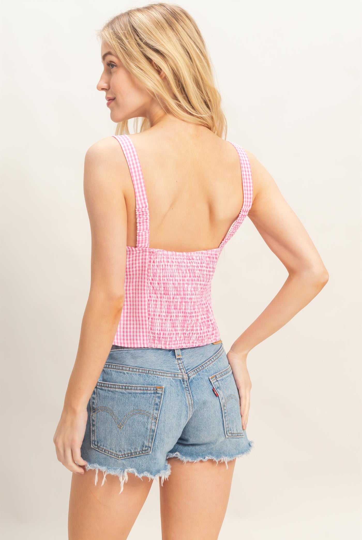 Wholesale Gingham Tie Front Tank Top Tank Tops HF26A013 PINK HYFVE