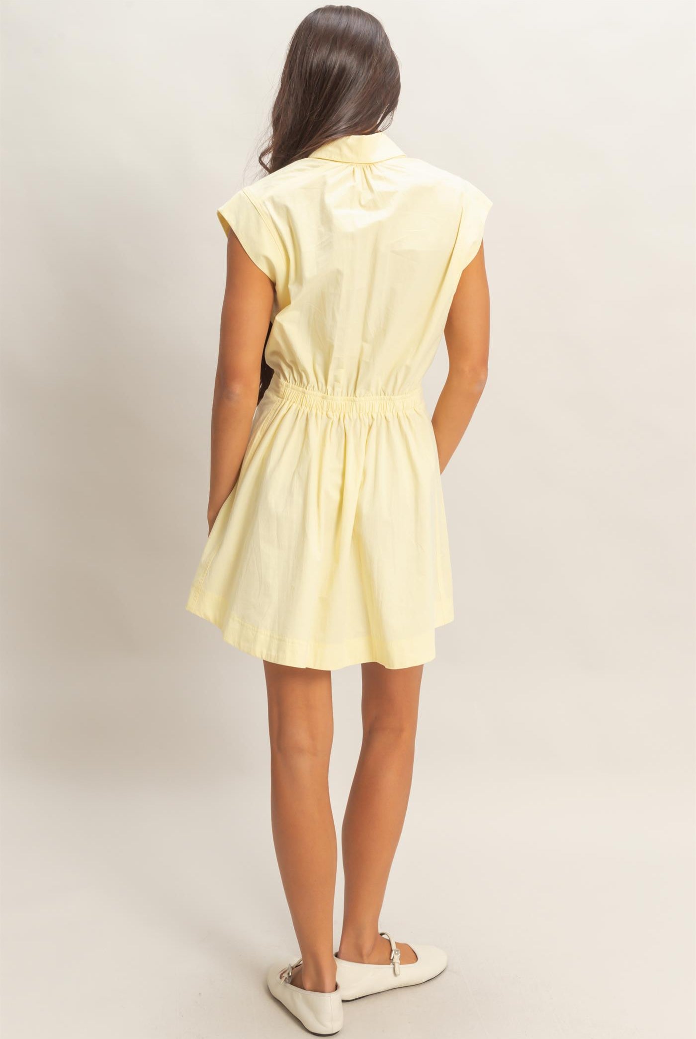 Wholesale Sleeveless Collared Shirred Mini Dress Dresses DZ26A751 PALE YELLOW DOUBLE ZERO