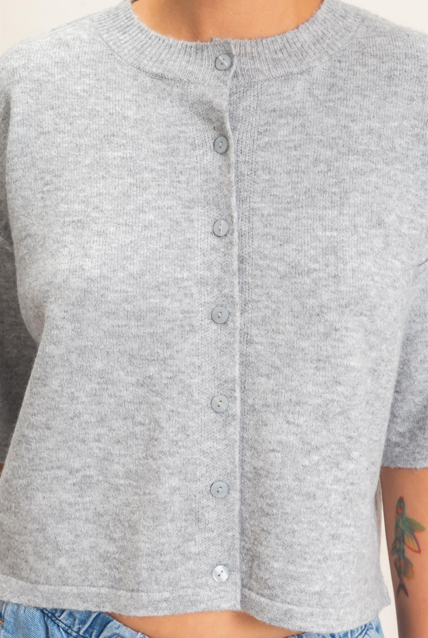 Wholesale Drop Shoulder Short Sleeve Cardigan Cardigans DZ26E238 HEATHER GRAY DOUBLE ZERO
