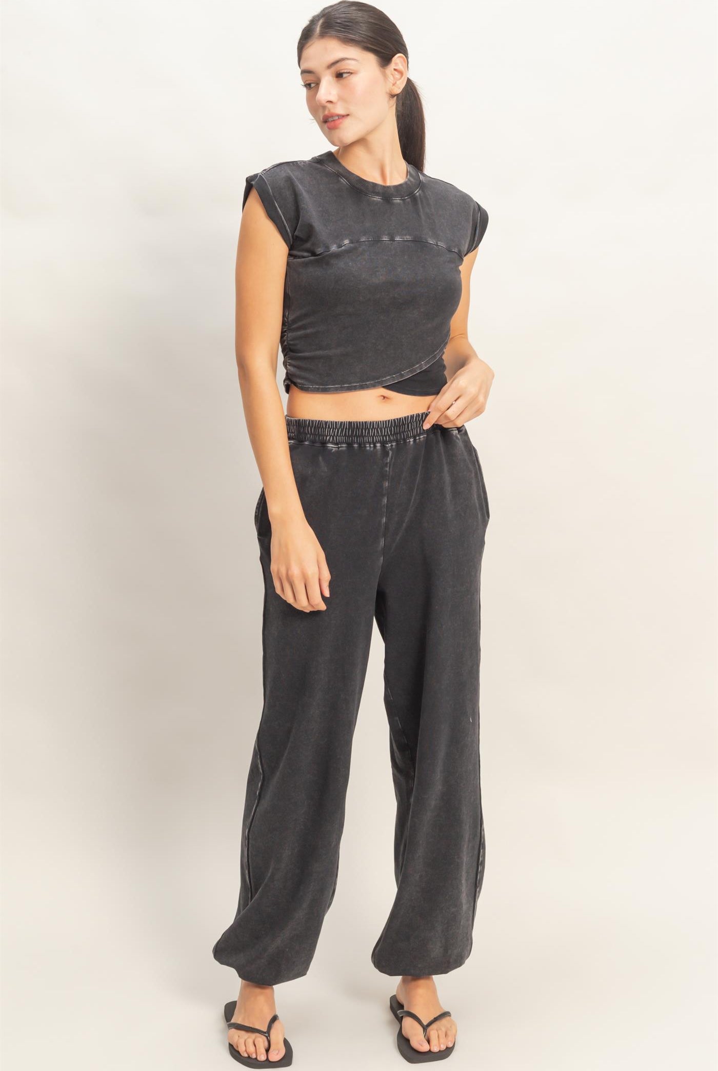 Wholesale Rolled Sleeve Wrap-Front Crop Top And Jogger Set Clothing DZ26A172-SET BLACK DOUBLE ZERO