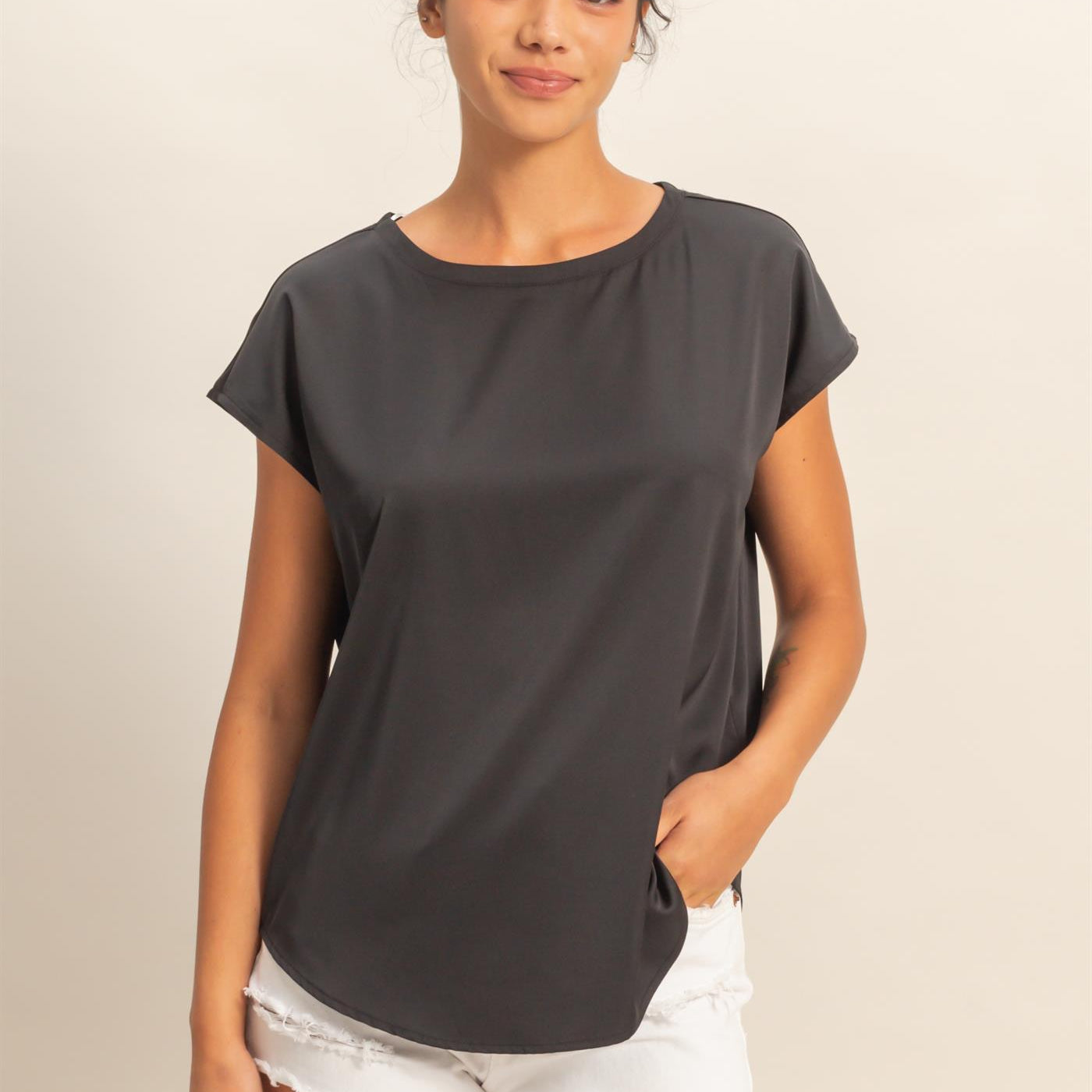 Wholesale Satin Dolman Sleeve Round Neck Blouse Clothing Tops DZ26C181 BLACK DOUBLE ZERO