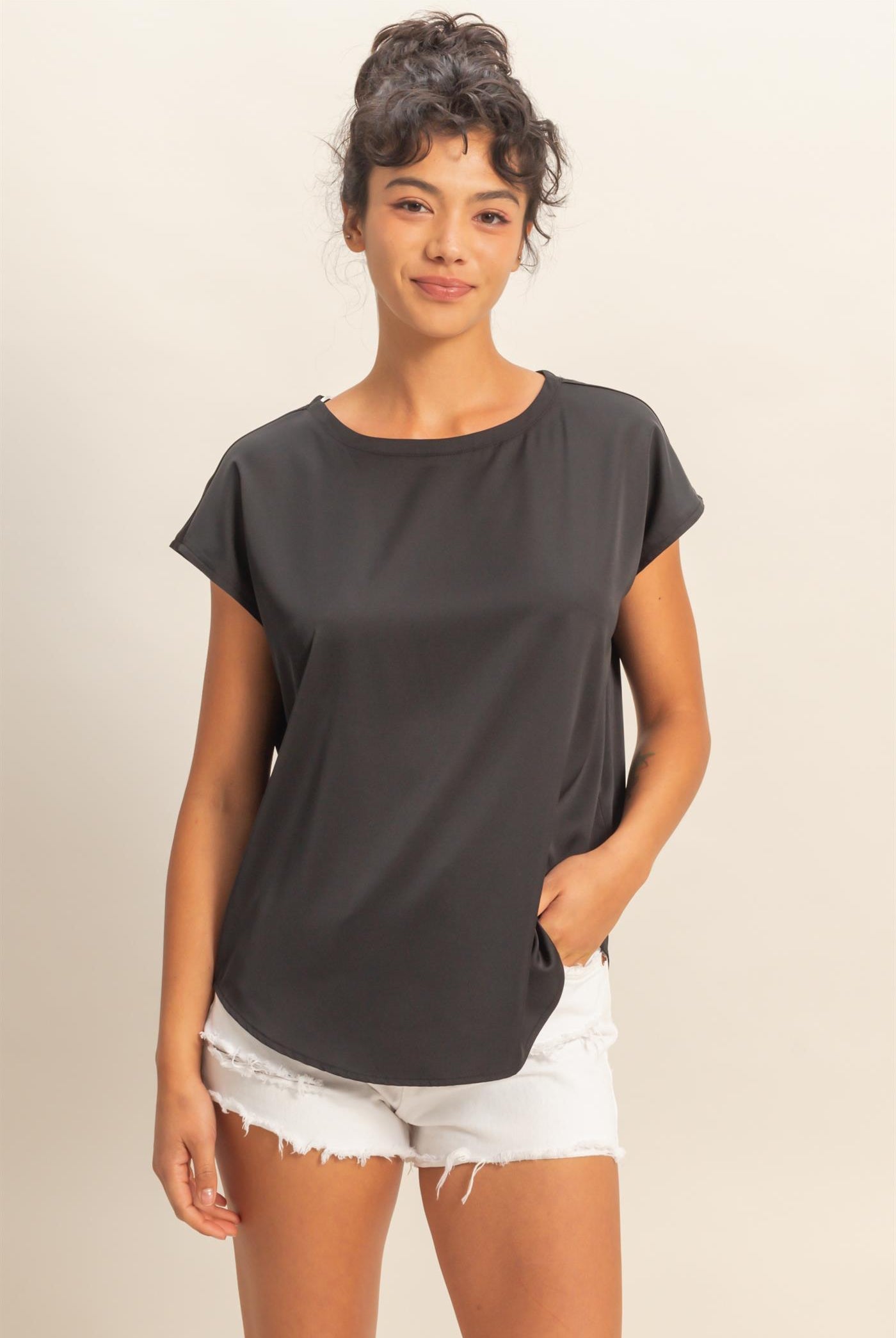 Wholesale Satin Dolman Sleeve Round Neck Blouse Clothing Tops DZ26C181 BLACK DOUBLE ZERO