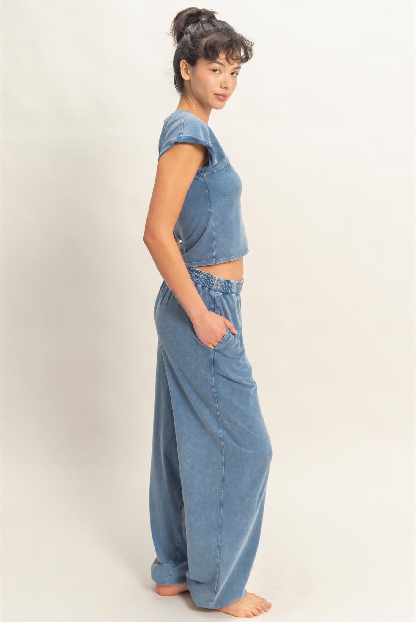 Wholesale Rolled Sleeve Wrap-Front Crop Top And Jogger Set Clothing DZ26A172-SET NAVY DOUBLE ZERO