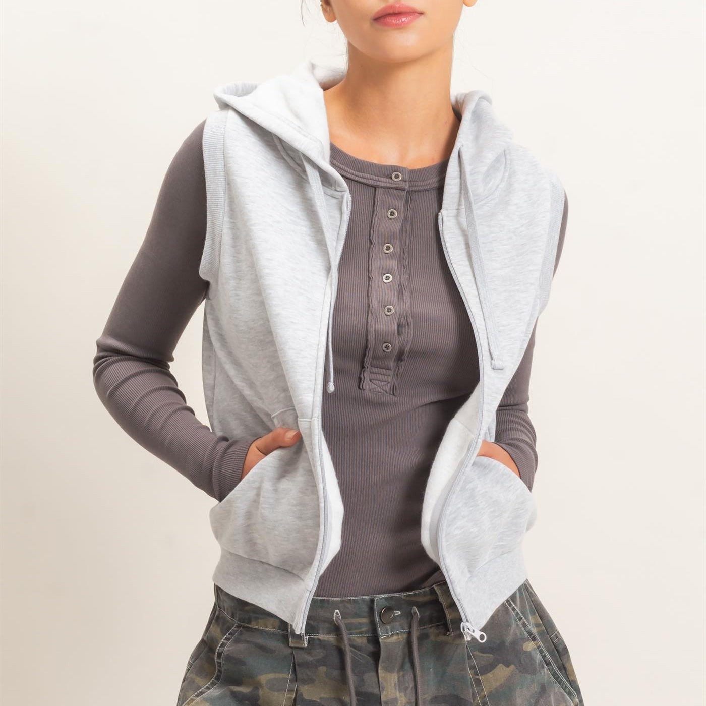 Wholesale Sleeveless Zip Up Hoodie Hoodies DZ26E330 HEATHER GRAY DOUBLE ZERO