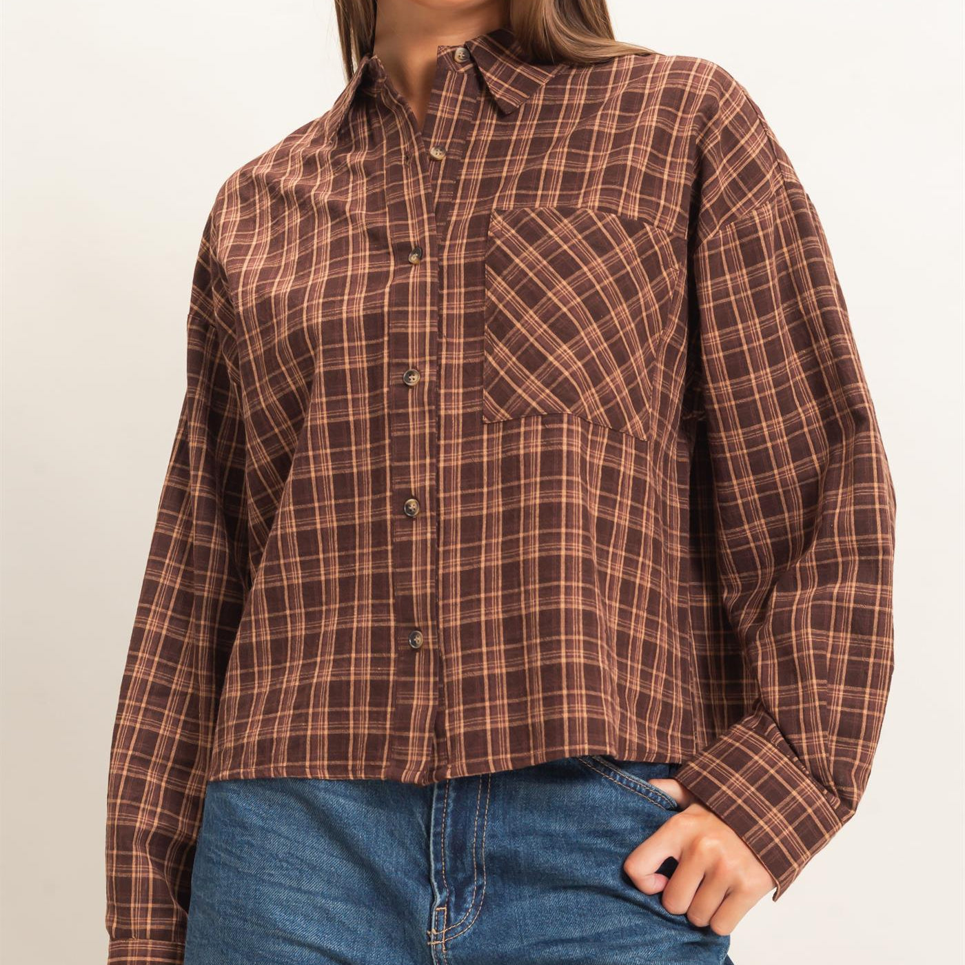 Wholesale Plaid Button-Up Shirt Clothing Tops DZ26E395 BROWN DOUBLE ZERO