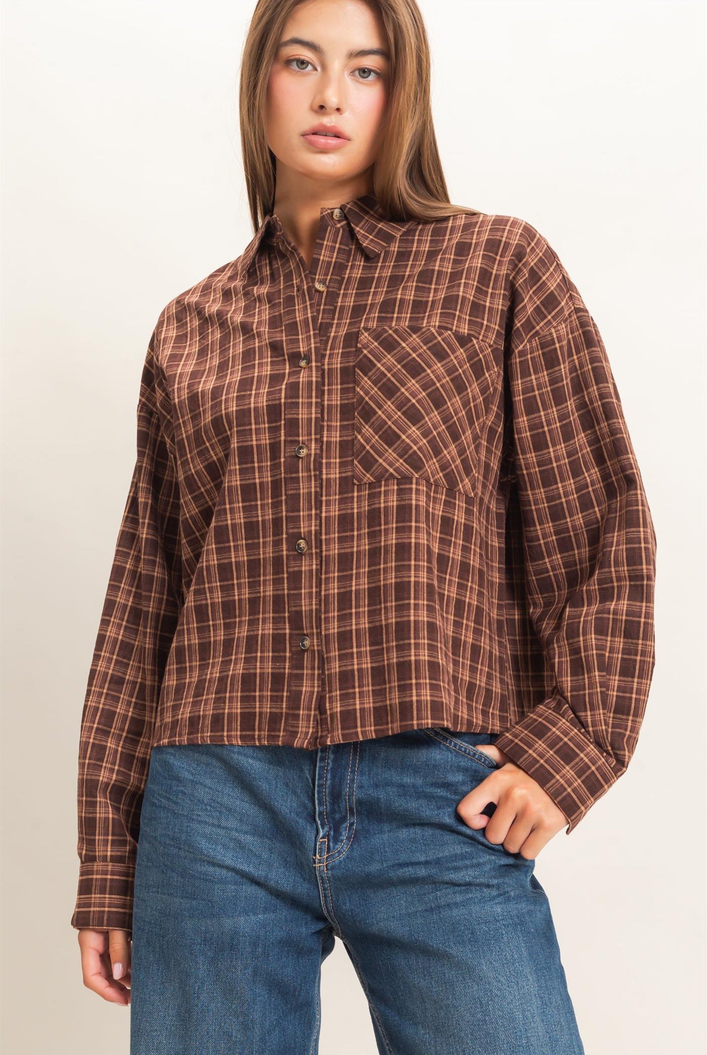 Wholesale Plaid Button-Up Shirt Clothing Tops DZ26E395 BROWN DOUBLE ZERO
