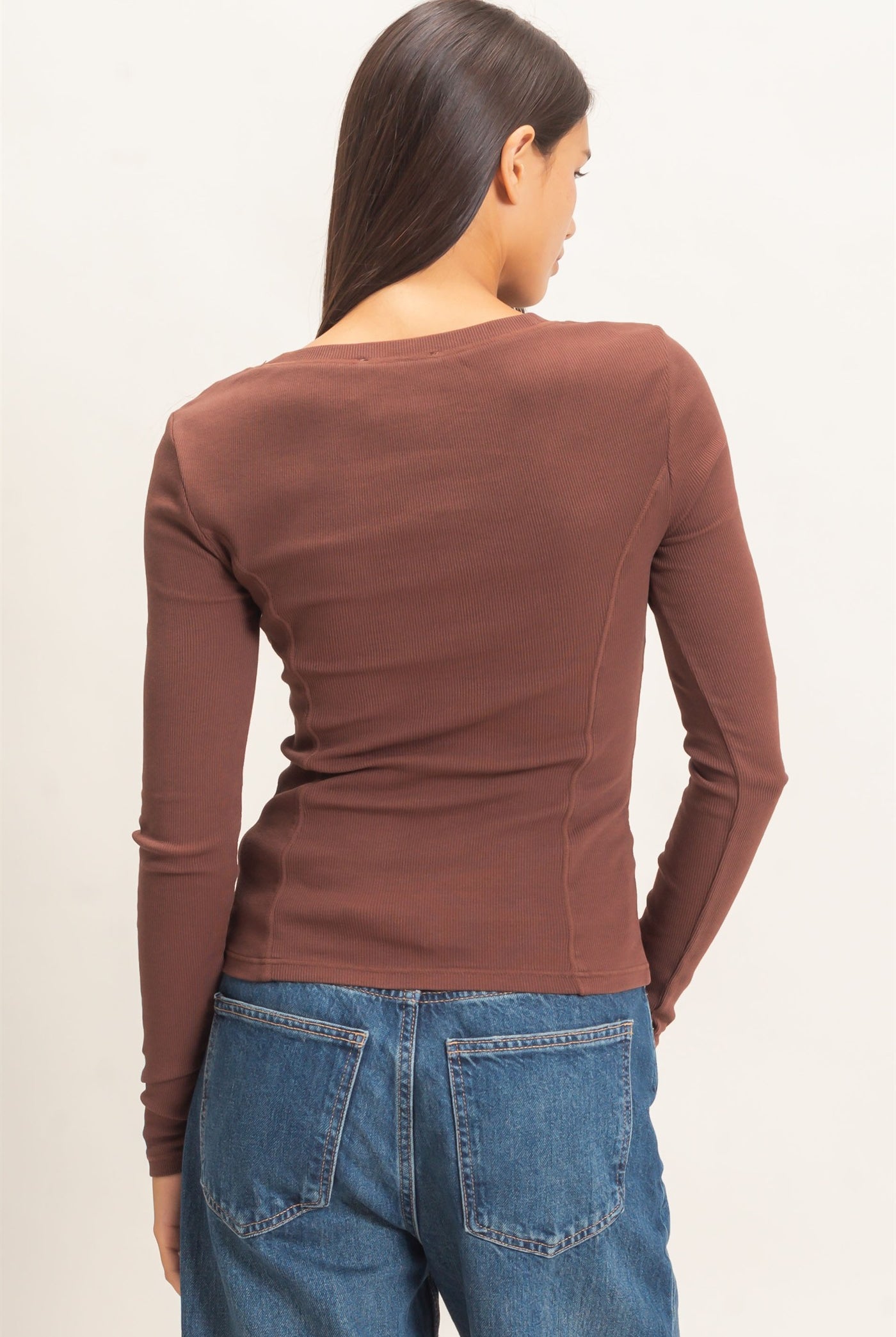 Wholesale Pigment Dye Seam Detail Scoop Neck Top Clothing Tops DZ26E242 DARK BROWN DOUBLE ZERO