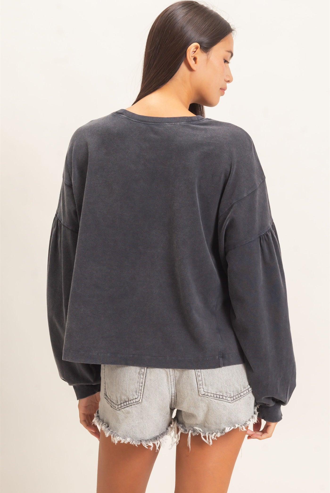 Wholesale Mineral Wash Puff Long Sleeve Boxy Top Clothing Tops DZ26F402 BLACK DOUBLE ZERO
