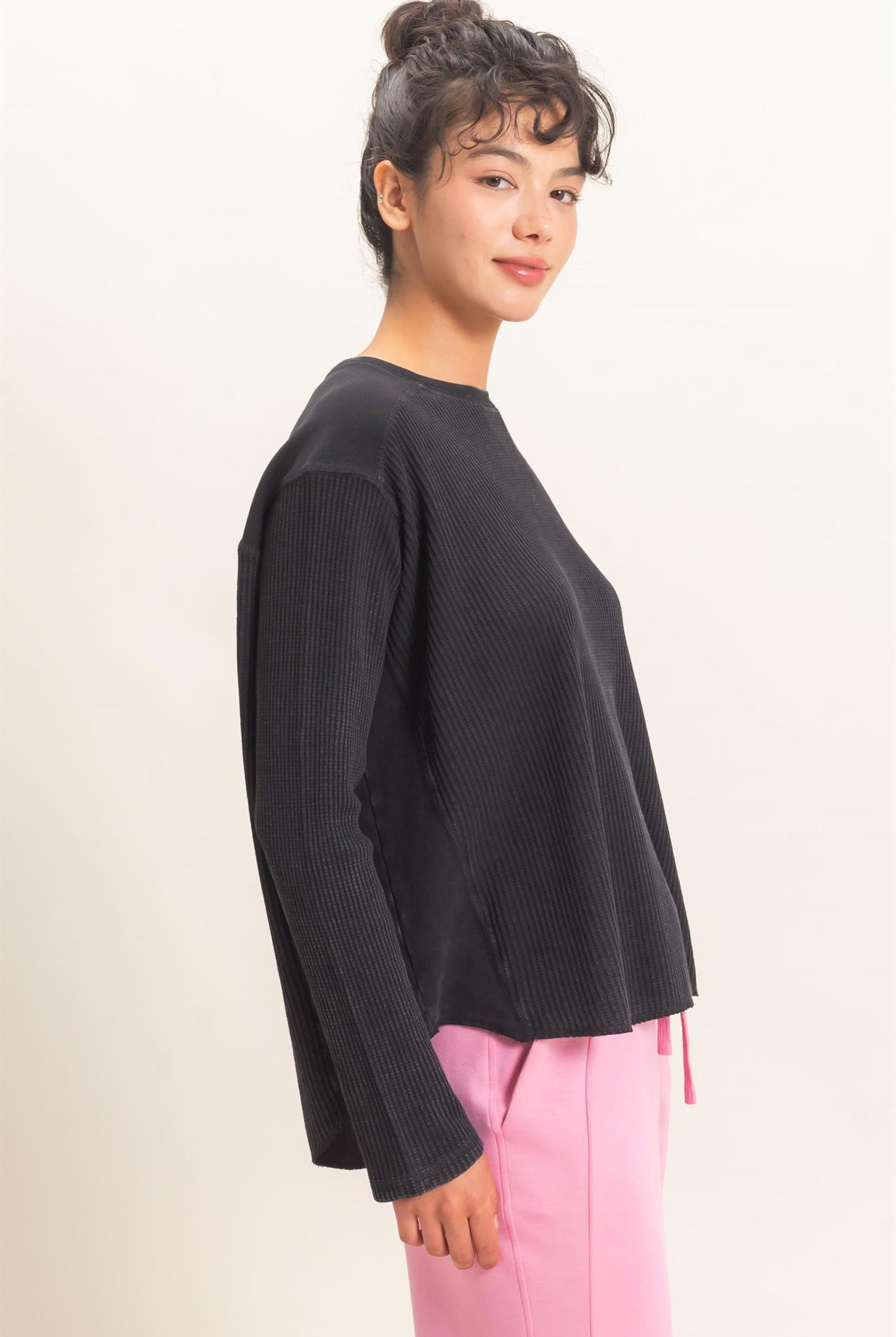 Wholesale Oversized Mineral Washed Waffle Knit Top Clothing Tops DZ26E654 BLACK DOUBLE ZERO