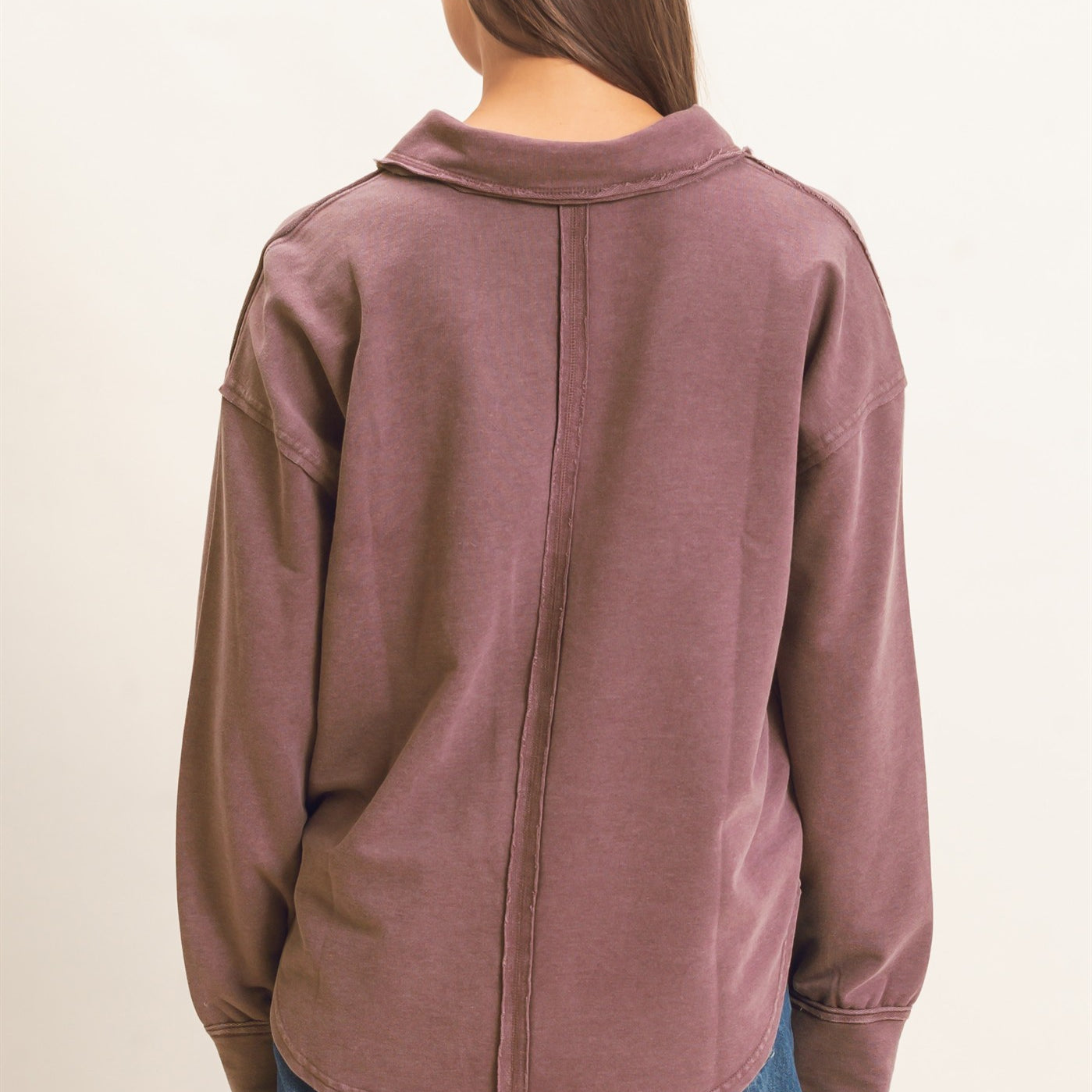 Wholesale Mineral Washed Polo Collar Long Sleeve Top Polos DZ26E887 DARK BROWN DOUBLE ZERO