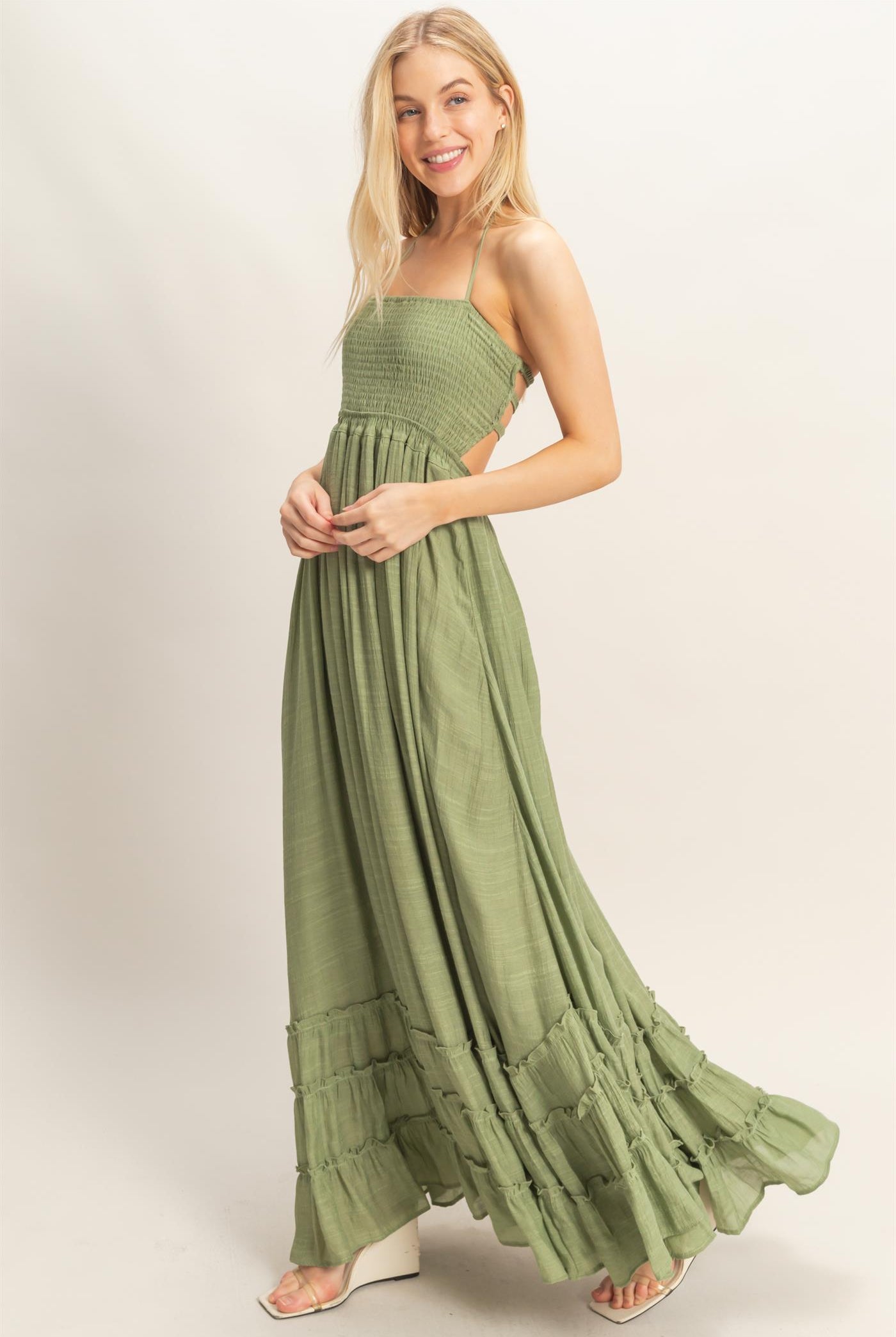 Wholesale Smocked Halter Maxi Dress Dresses HF26C290-D LIGHT OLIVE HYFVE
