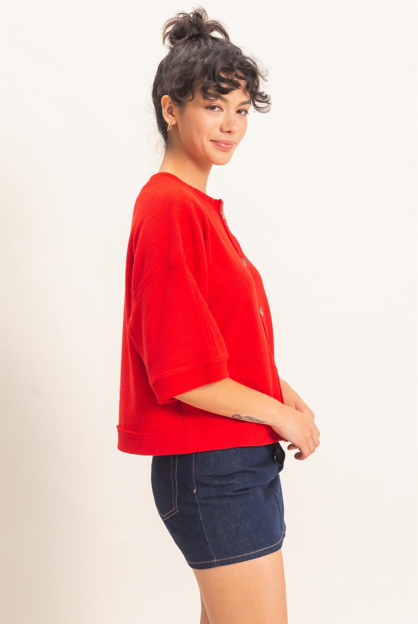 Wholesale Button-Down Short Sleeve Waffle Top Clothing Tops DZ26F244 RED DOUBLE ZERO