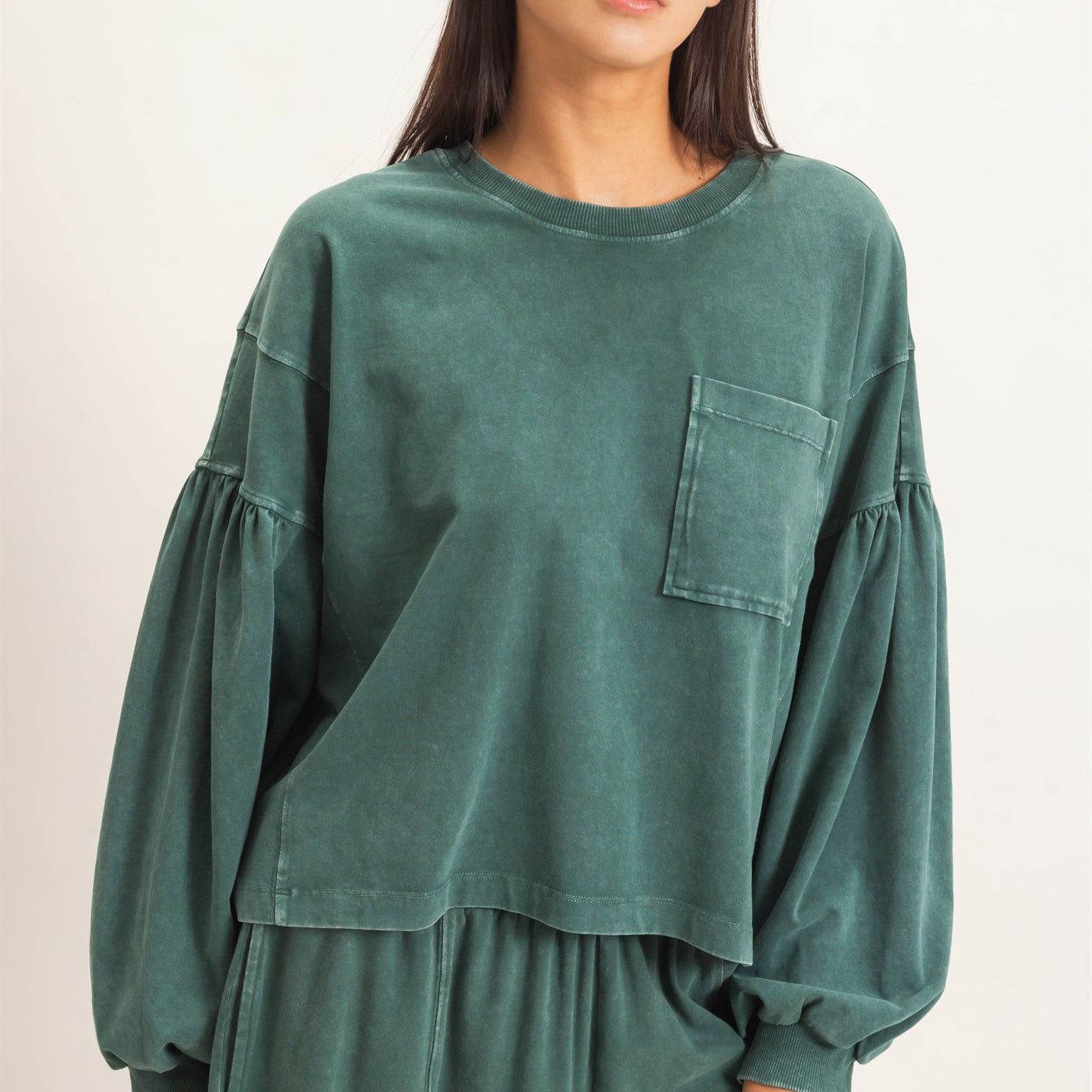 Wholesale Mineral Wash Puff Long Sleeve Boxy Top Clothing Tops DZ26F402 DARK GREEN DOUBLE ZERO