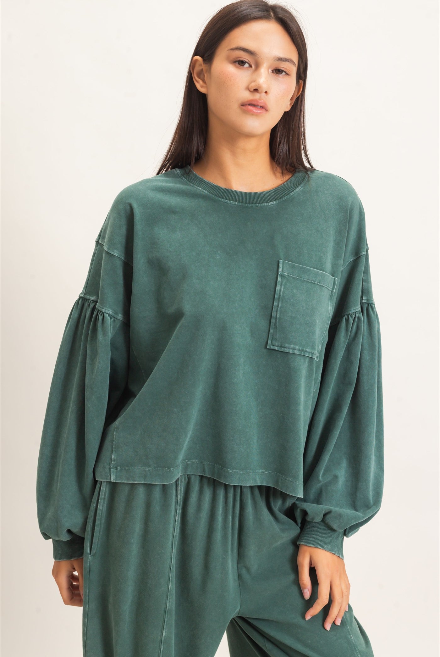 Wholesale Mineral Wash Puff Long Sleeve Boxy Top Clothing Tops DZ26F402 DARK GREEN DOUBLE ZERO