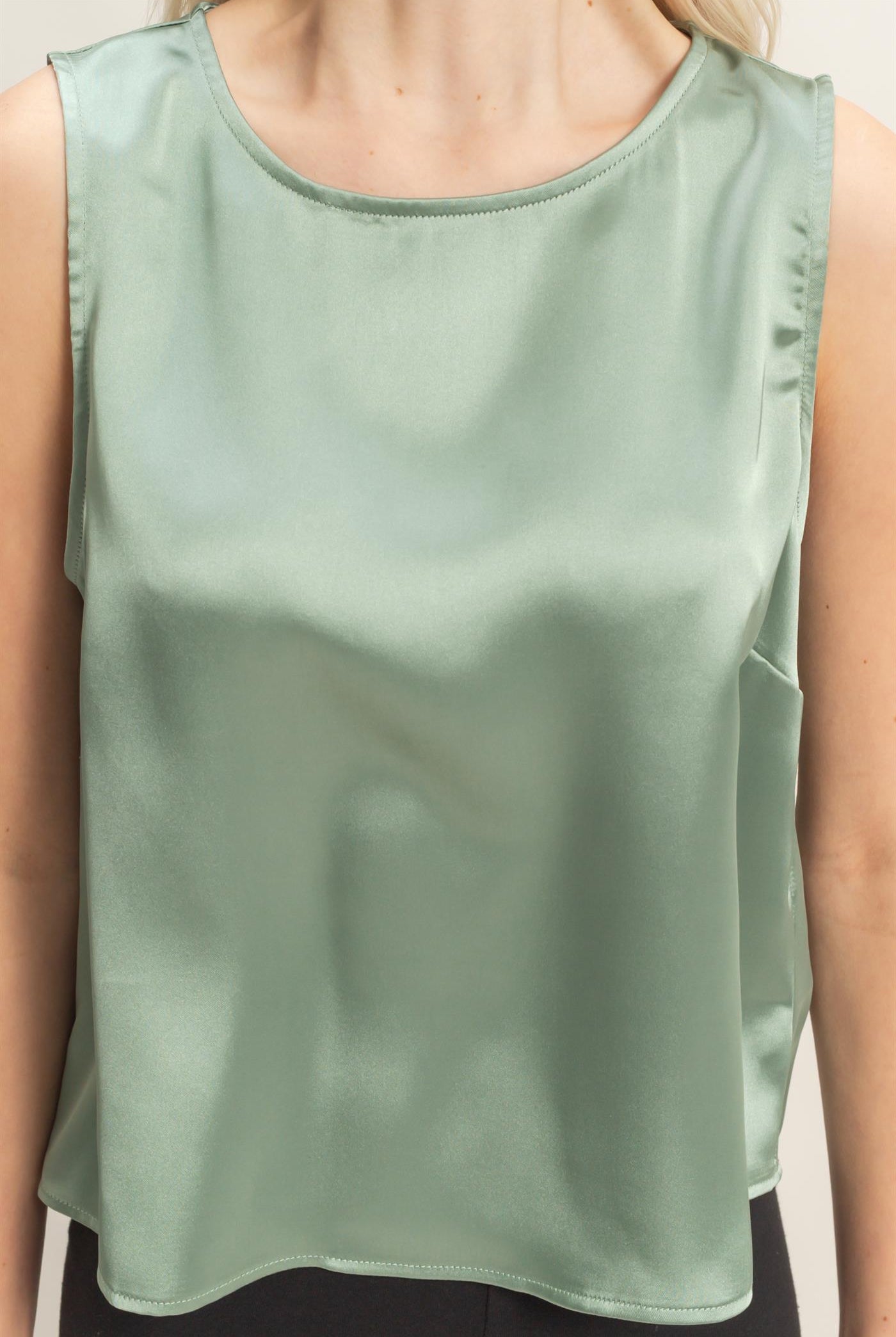 Wholesale Satin Sleeveless Round Neck Top With Back Keyhole Clothing Tops DZ26C084 SAGE GREEN DOUBLE ZERO