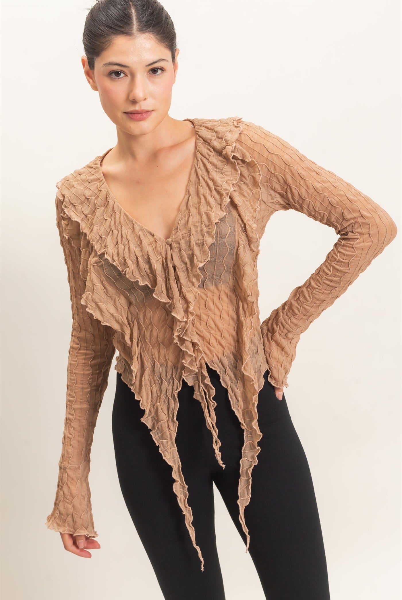 Wholesale Textured V-Neck Tie Front Top Blouses HF26F072 TAN HYFVE