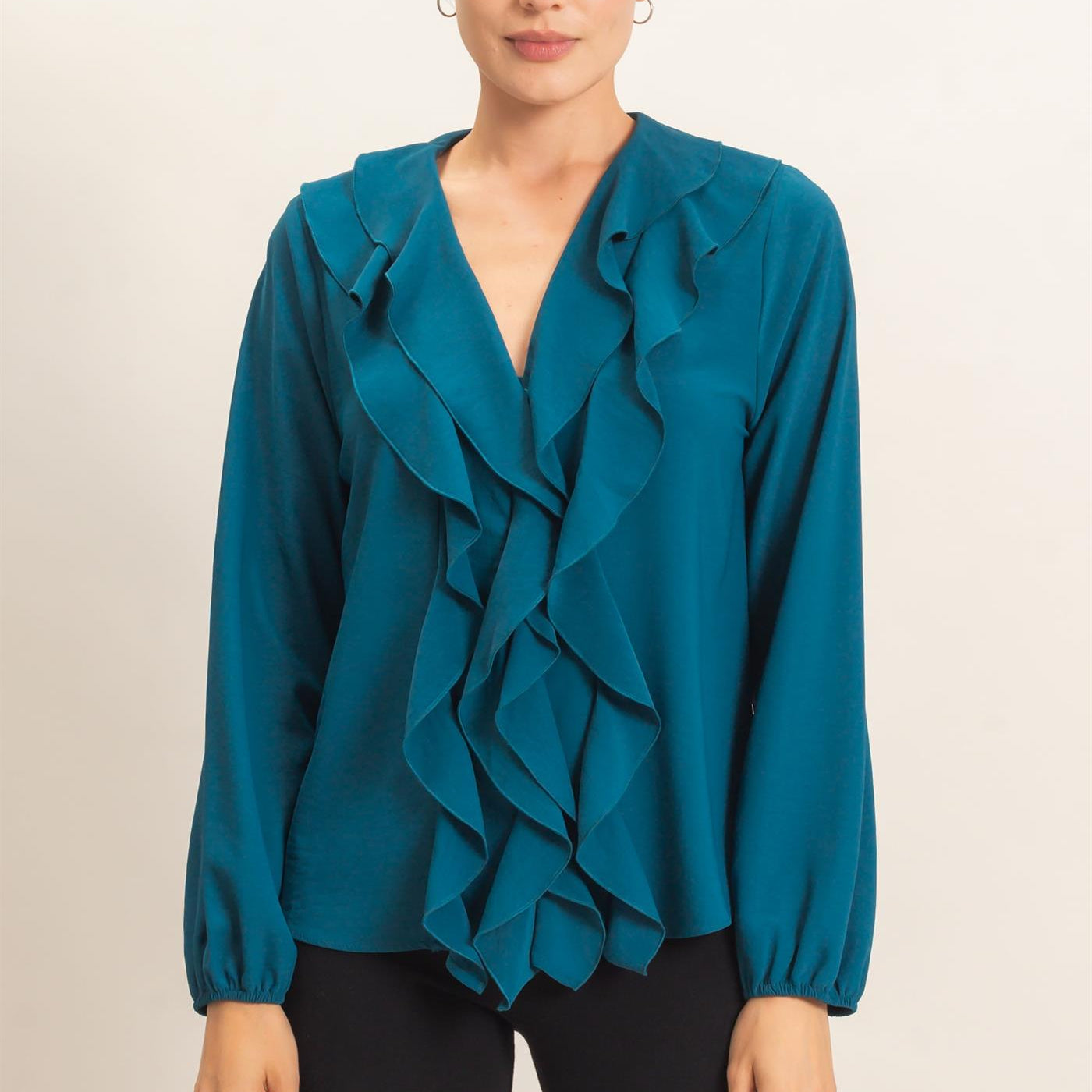 Wholesale Ruffled V-Neck Button-Up Blouse Blouses HF26C739 TEAL HYFVE