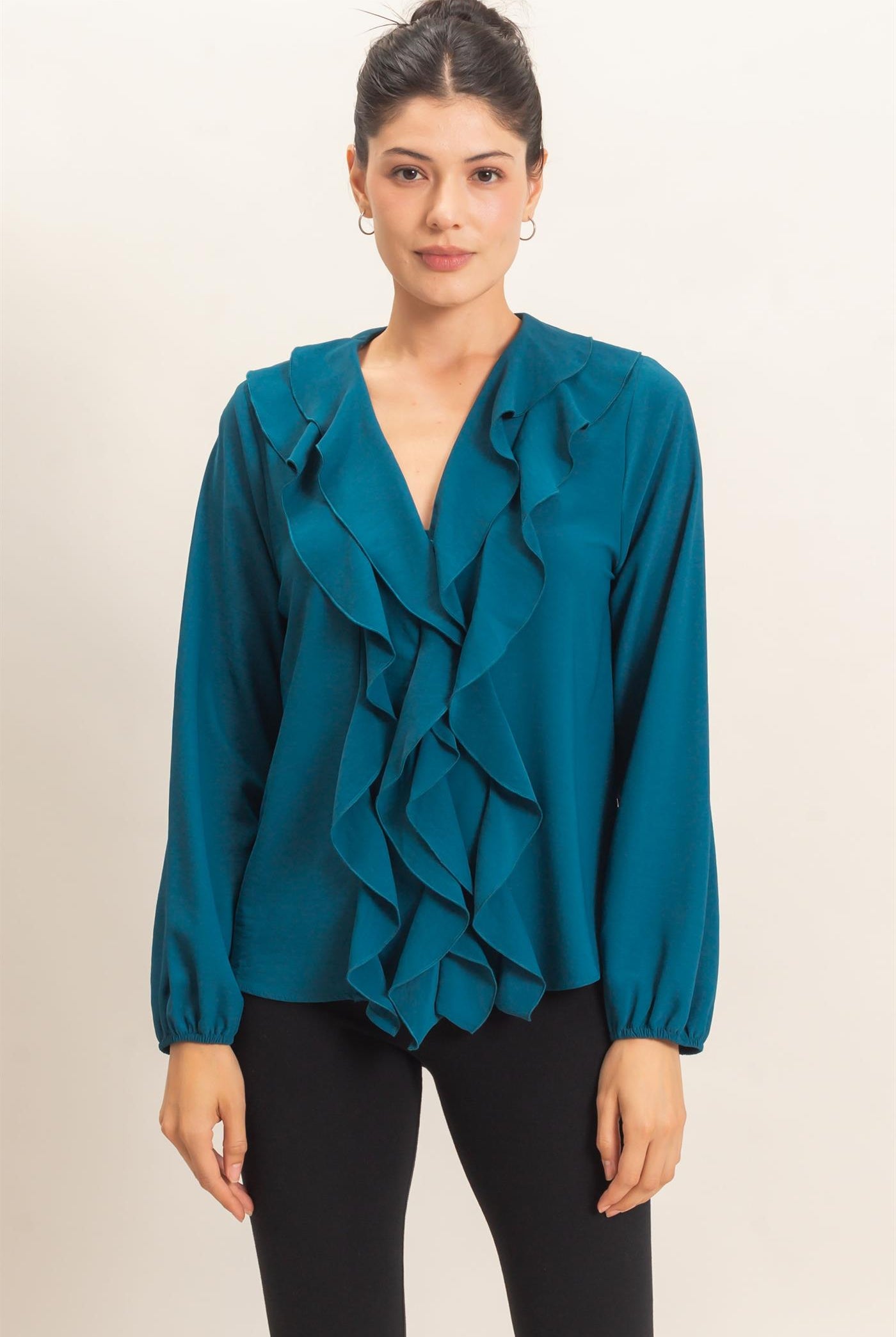 Wholesale Ruffled V-Neck Button-Up Blouse Blouses HF26C739 TEAL HYFVE