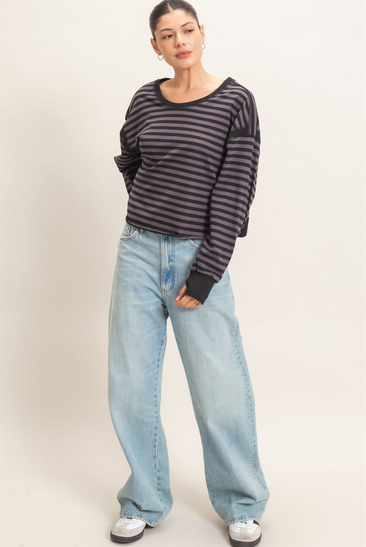 Wholesale Striped Long Sleeve Top Clothing Tops HF26C908-D CHARCOAL HYFVE