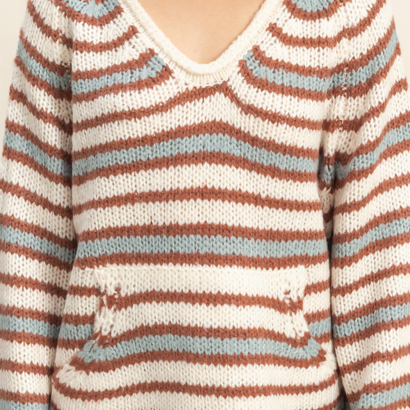 Wholesale Kangaroo Pocket Detail Striped Pullover Sweaters HF25E904 CREAM COMBO HYFVE