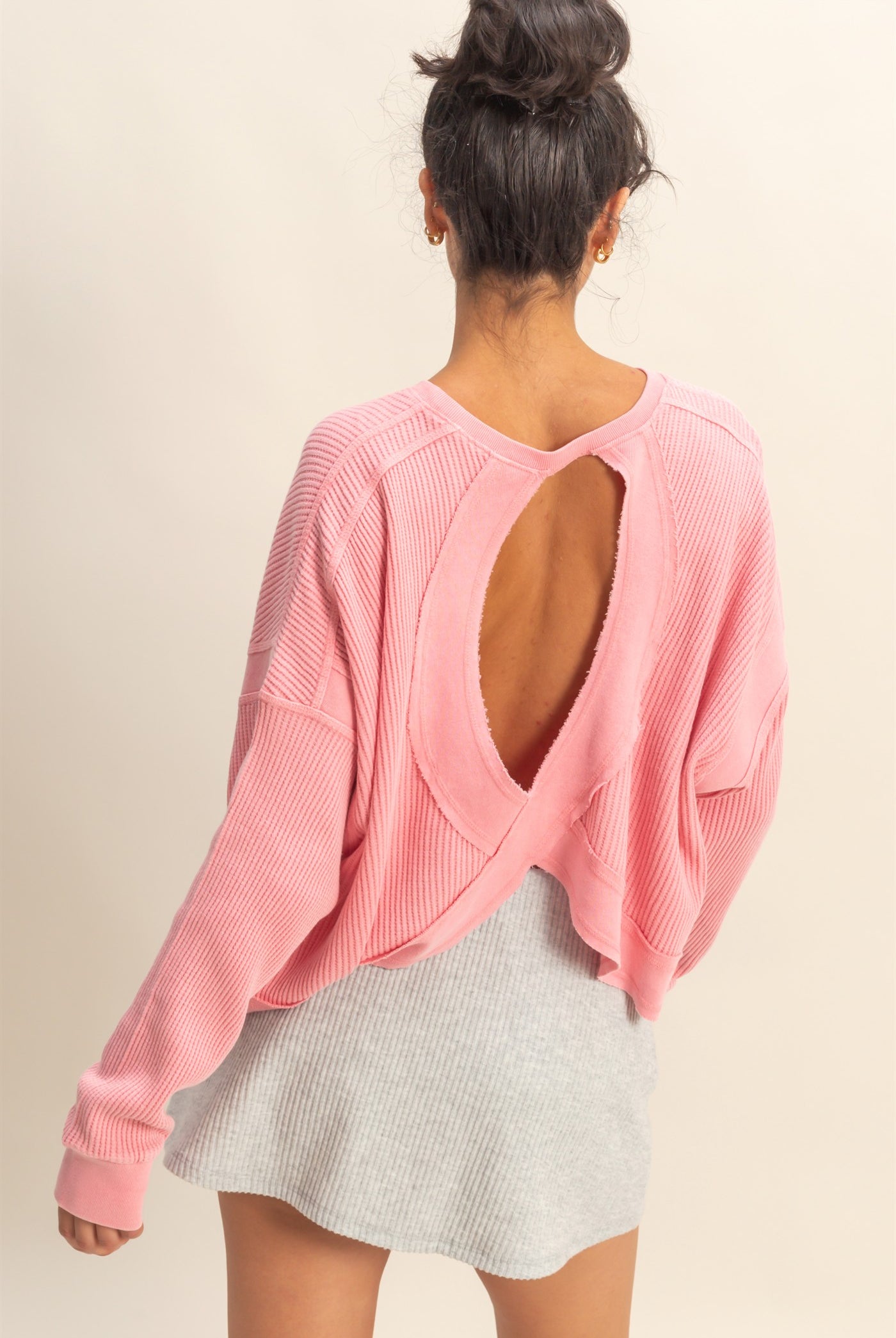 Wholesale Open Back Textured Knit Long Sleeve Top Clothing Tops DZ26A626 TAFFY PINK DOUBLE ZERO