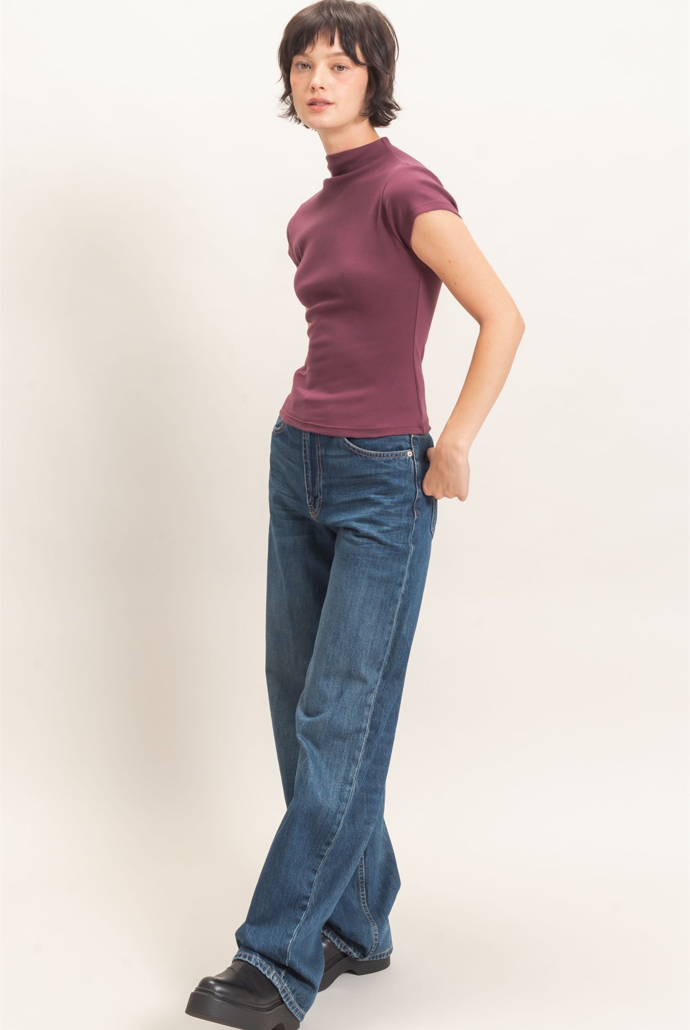 Wholesale Mock Neck Cap Sleeve Top Clothing Tops DZ26E323 DARK CHERRY DOUBLE ZERO