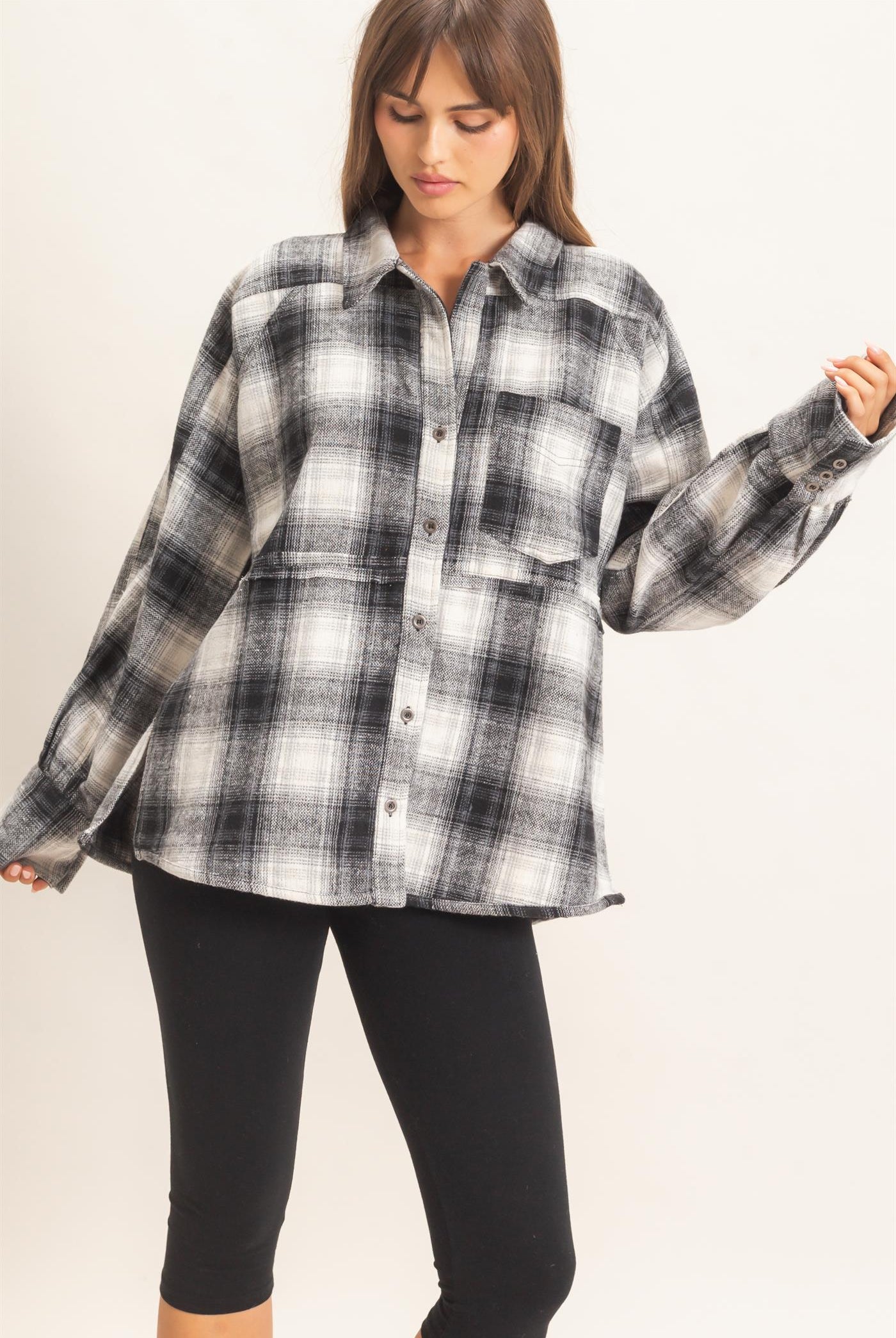 Wholesale Plaid Flannel Shirt Clothing Tops HF26C863 BLACK HYFVE