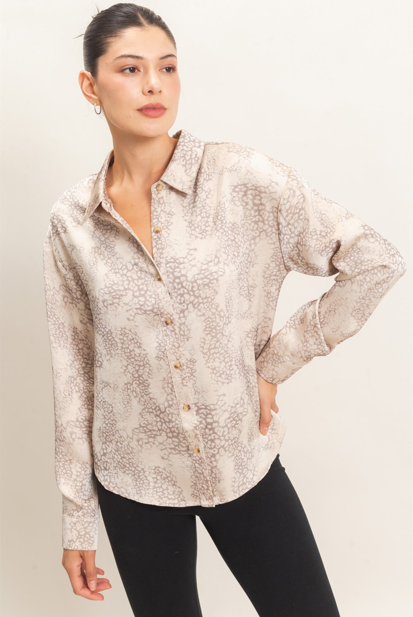 Wholesale Leopard Satin Button-Up Shirt Clothing Tops HF26E159 TAUPE HYFVE