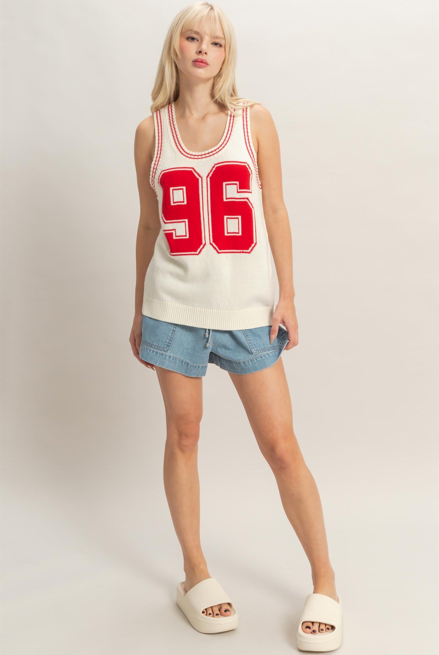 Wholesale Number Graphic Knit Tank Top Tank Tops DZ26A821 RED DOUBLE ZERO