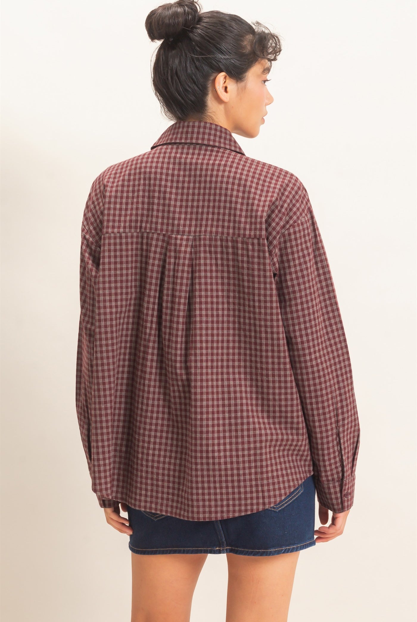 Wholesale Plaid Button-Up Shirt Shirts DZ26F012 BURGUNDY DOUBLE ZERO