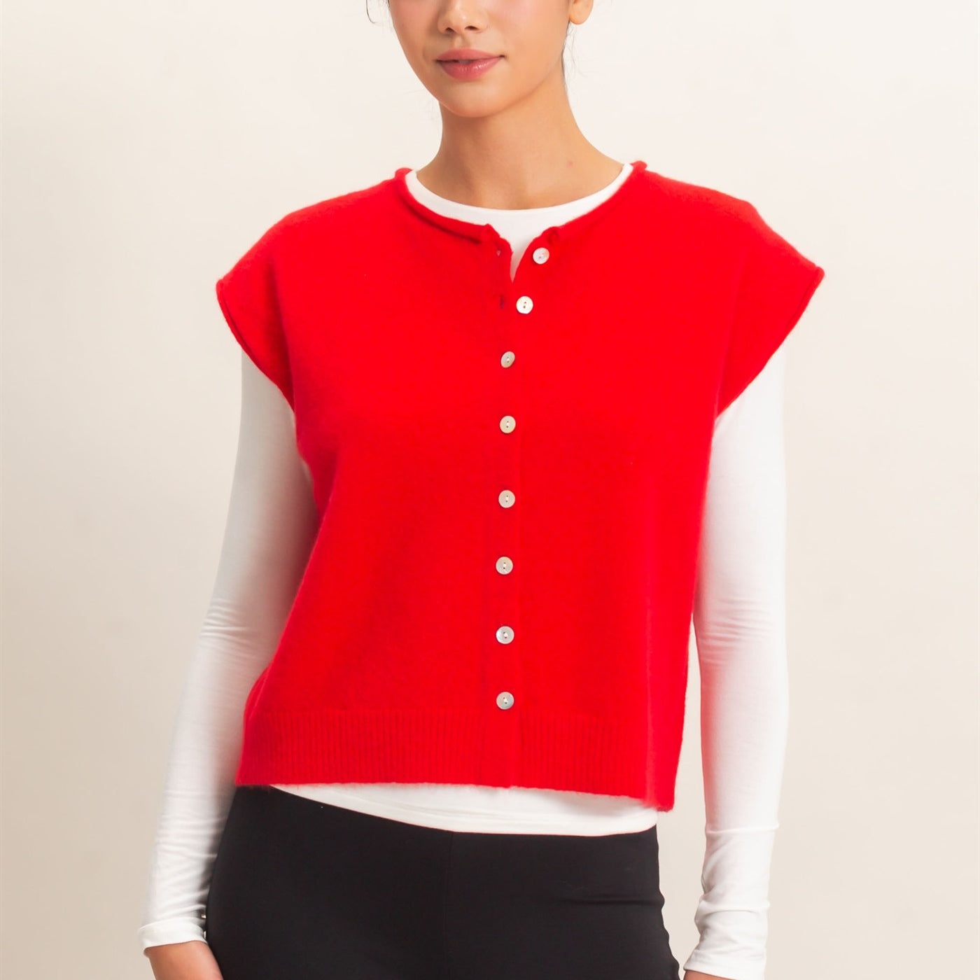 Wholesale Rolled Edge Button Front Sweater Vest Sweaters DZ26E239 RED DOUBLE ZERO