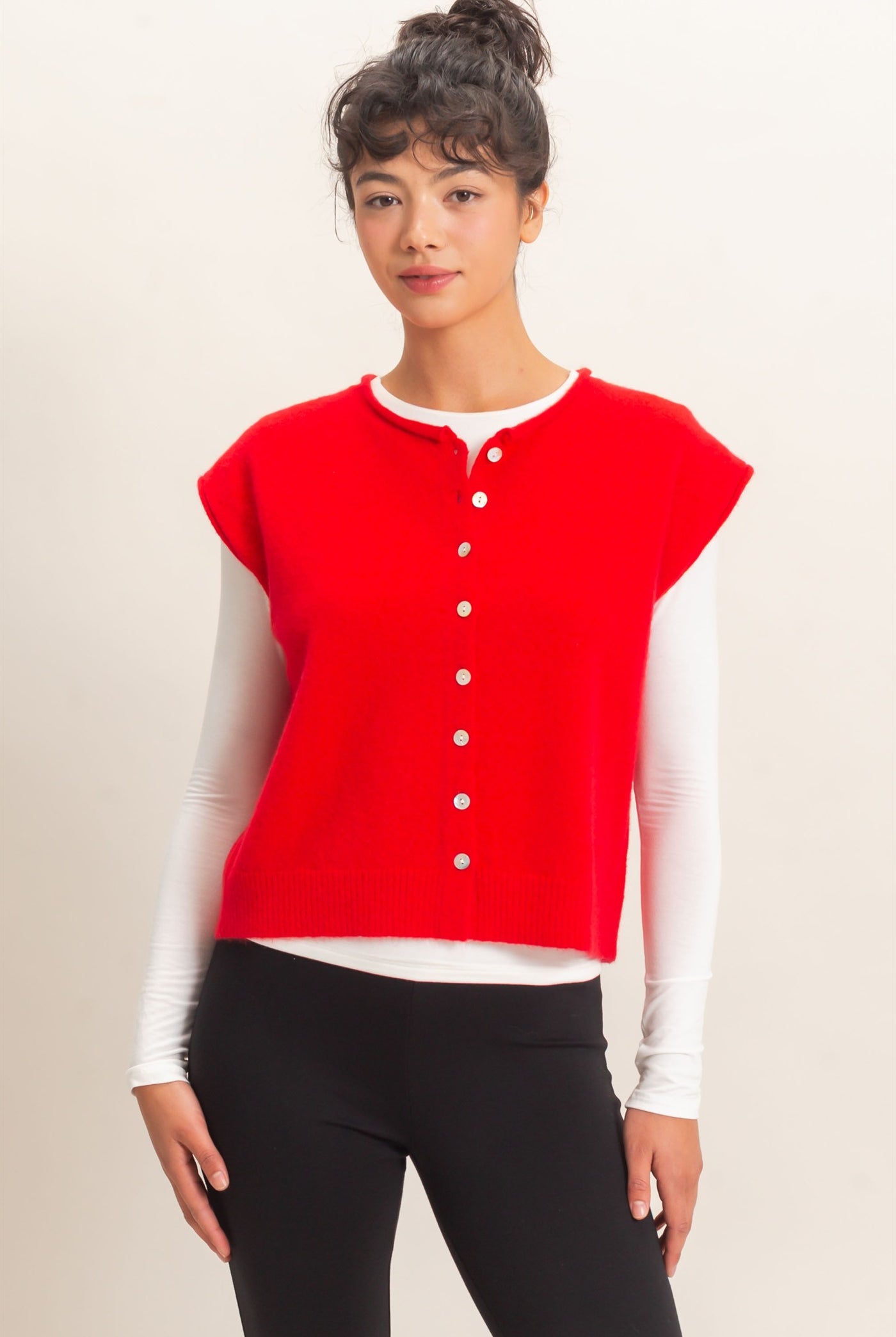 Wholesale Rolled Edge Button Front Sweater Vest Sweaters DZ26E239 RED DOUBLE ZERO