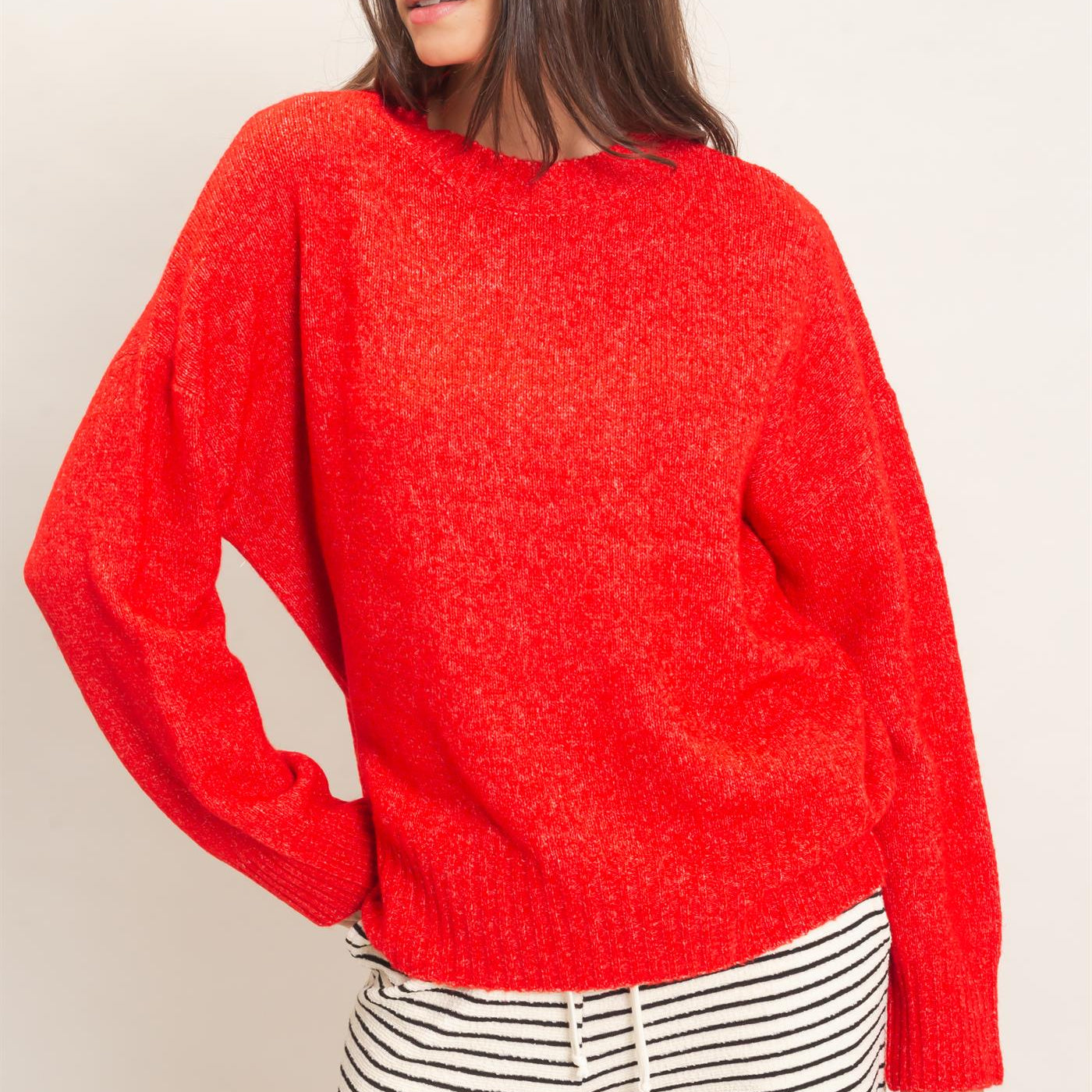 Wholesale Ribbed Crew Neck Sweater Sweaters HF26F179-D RED HYFVE