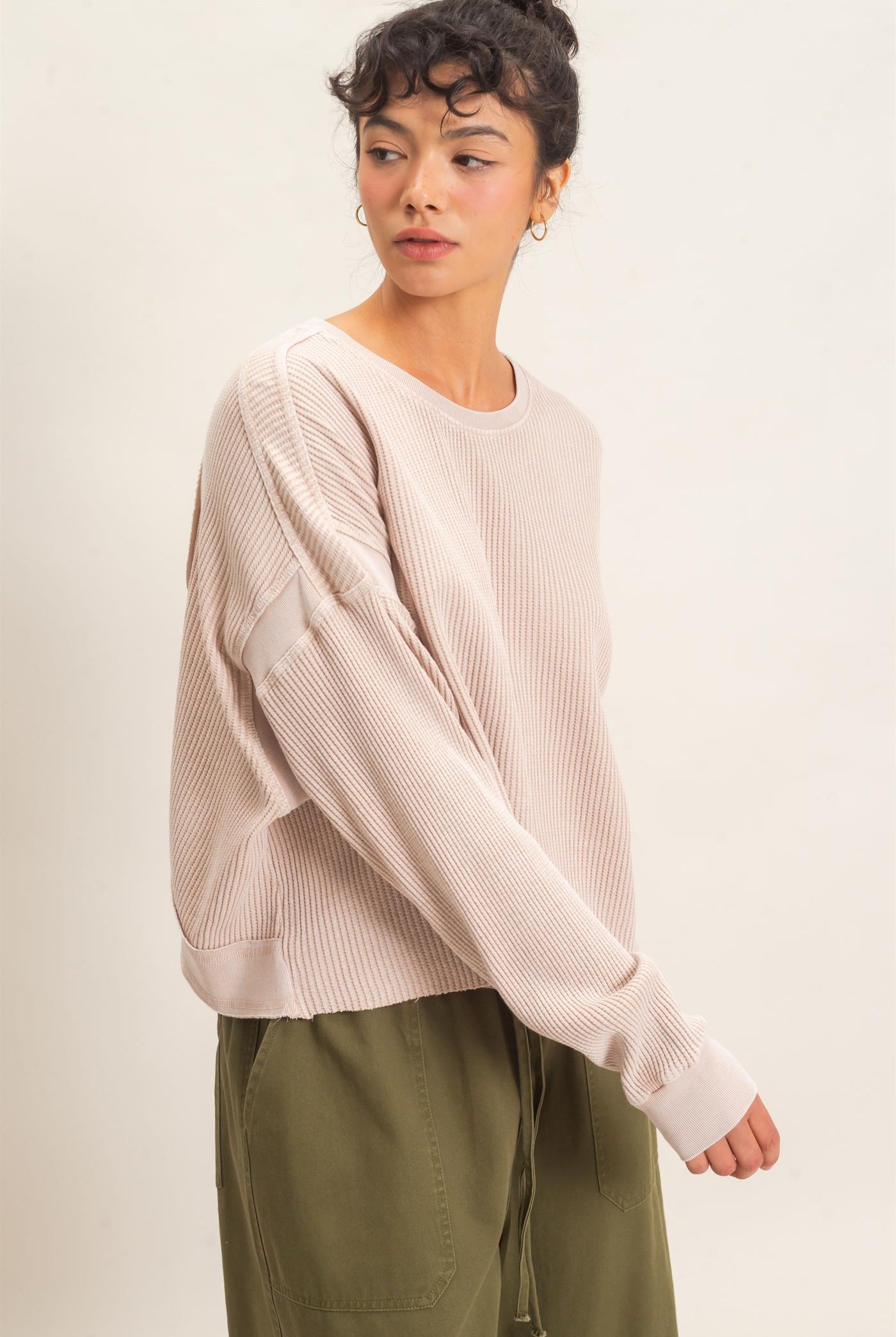 Wholesale Mineral Wash Waffle Open Back Top Clothing Tops DZ26C964 DARK TAUPE DOUBLE ZERO