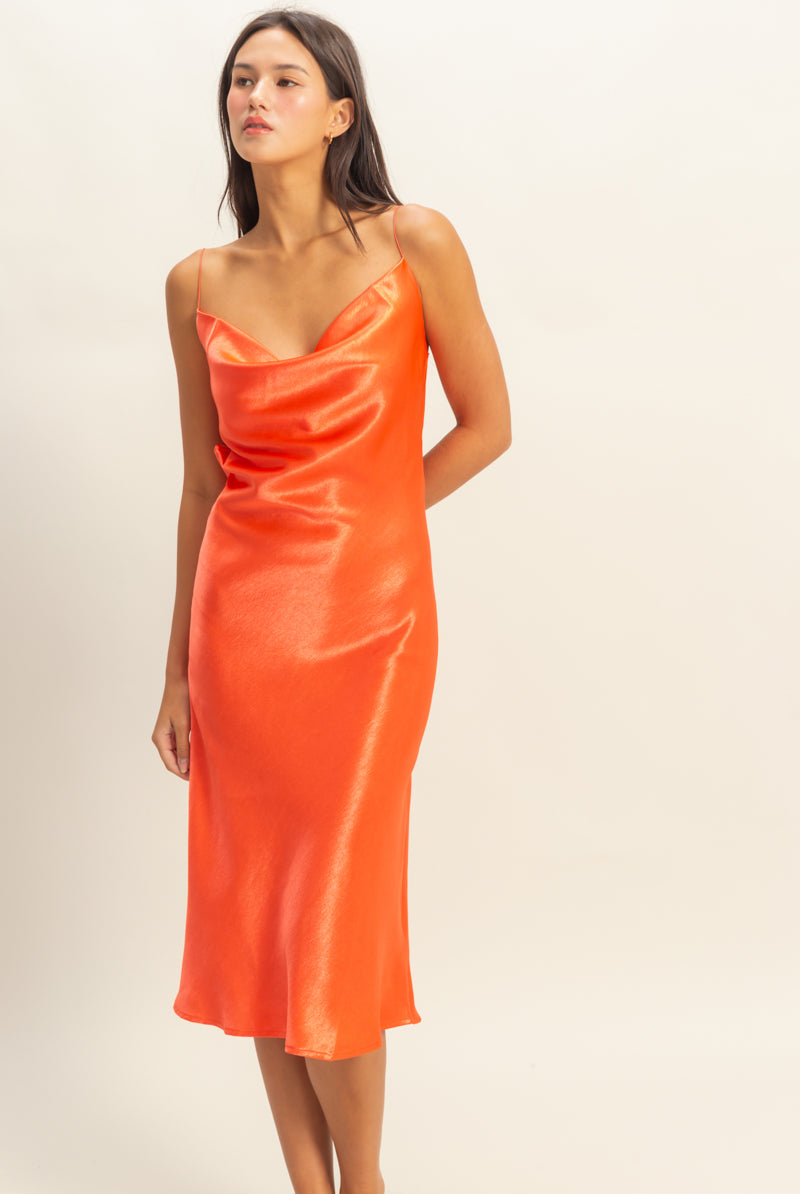 Wholesale Cowl Neck Satin Midi Dress Dresses DZ22A734 NEON RED DOUBLE ZERO